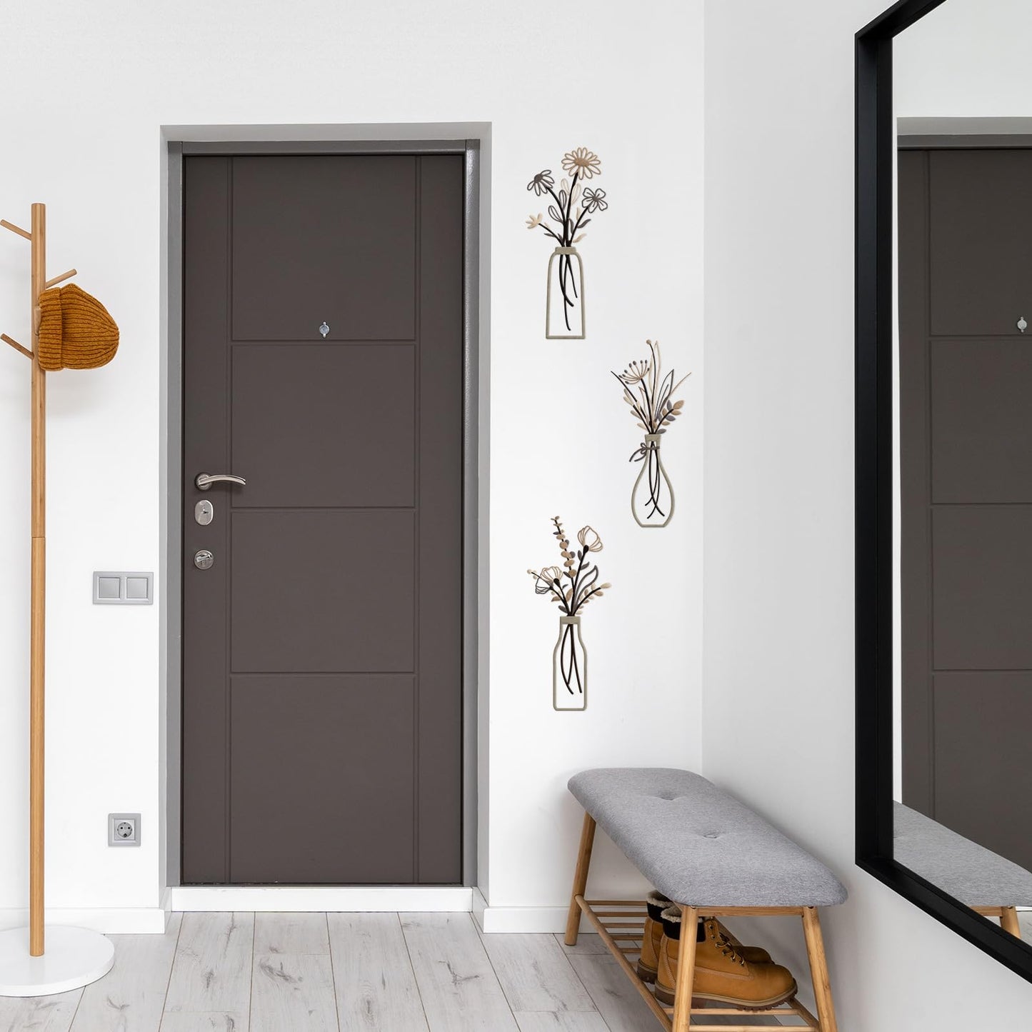 3 Pieces Metal Flowers Wall Arts - Rustic Farmhouse Style Décor Metal Wall Art Black Minimalist Flower Natural Themed Wall Decors for Home Bedroom Dining Room Housewarming (Brown)