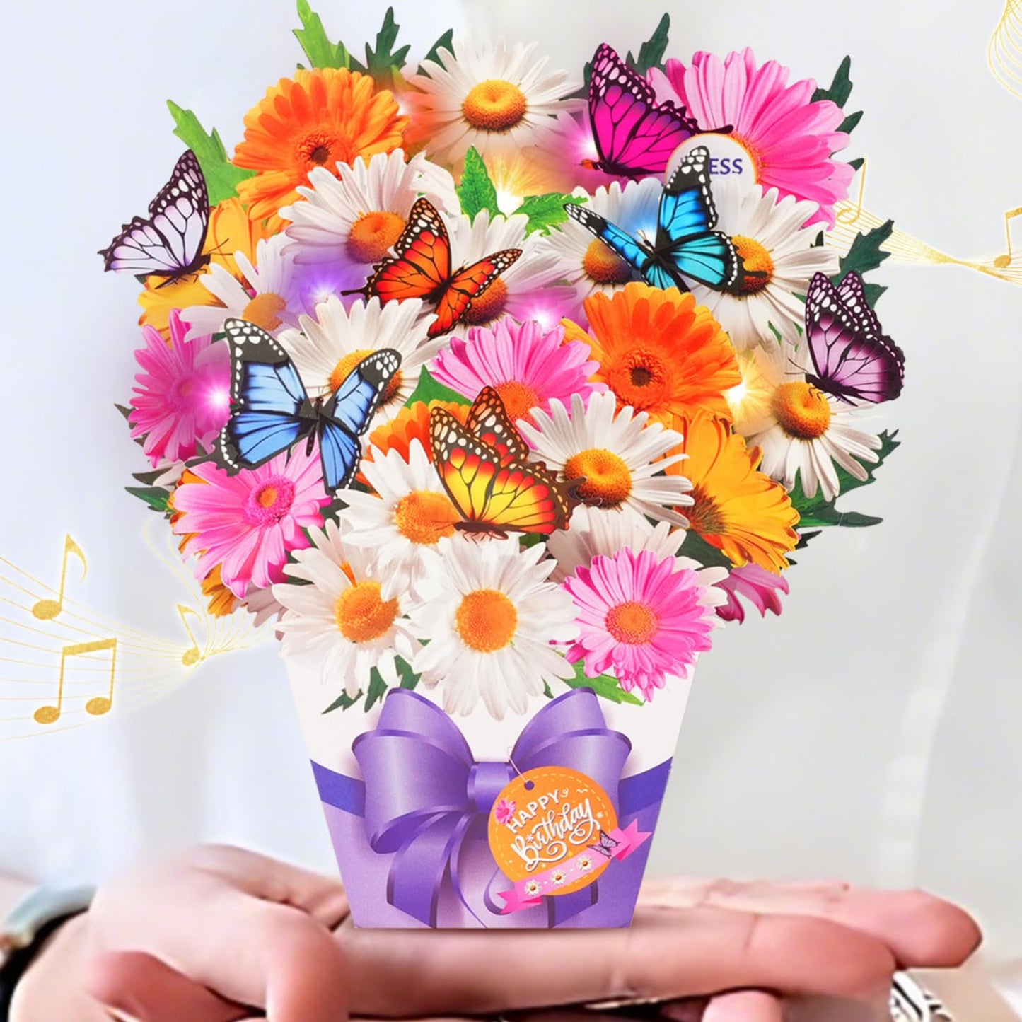 APOTODITO Mini Birthday Cards, Birthday Gift Card with Music and Light, Flower Bouquet 3D Card with Butterflies for Mom, Women, Wife (Butterfly & Daisy)