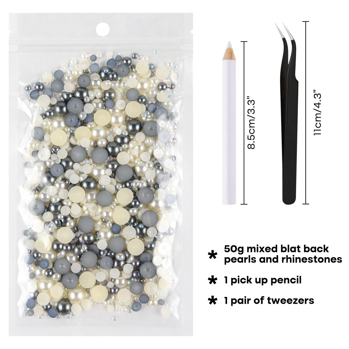 ASTARON 50g Mix Flatback Rhinestones Half Pearls for Crafts Mixed Size 3mm-10mm Flat Back Rhinestones for Crafts Flatback Pearls for Decorating Tumblers Mugs Nail Art Shoes (Silver Gray，White)