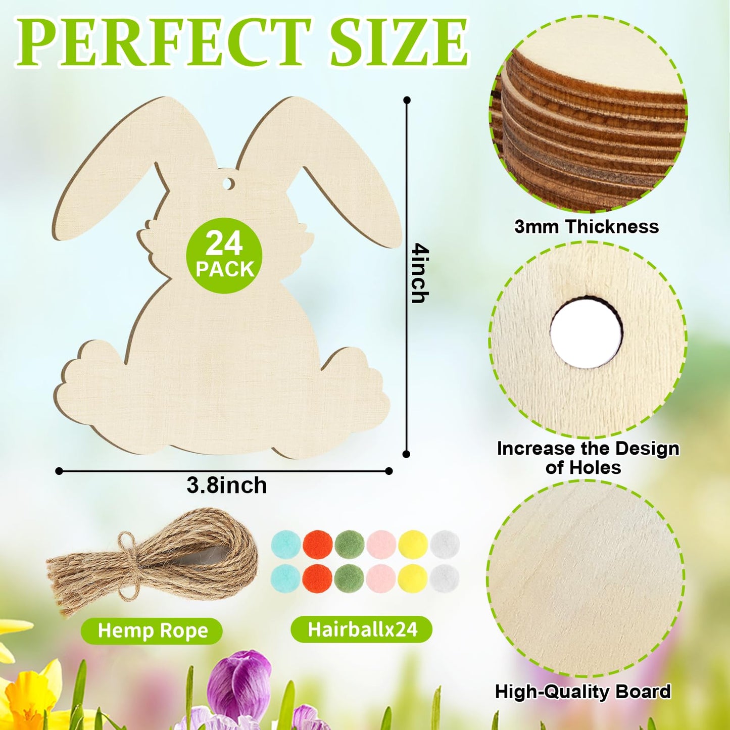 Wooden Rabbit Ornaments to Paint Easter Decoration Cutouts Unfinished 24PCS 3.5 x 3 inches, DIY Blank Bunny Unfinished Wood Discs Ornament for Home Crafts Hanging Spring Decoration