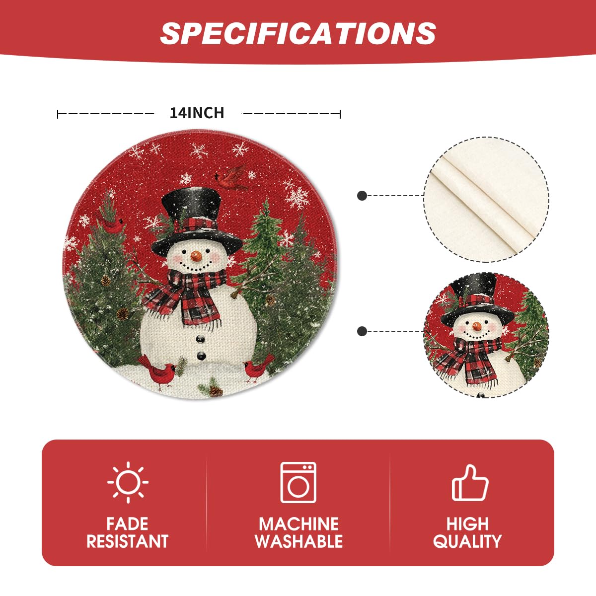 Snowman Trees Snowflakes Christmas Round Placemats Set of 4, 14 Inch Winter Round Table Mats for Dining Decoration