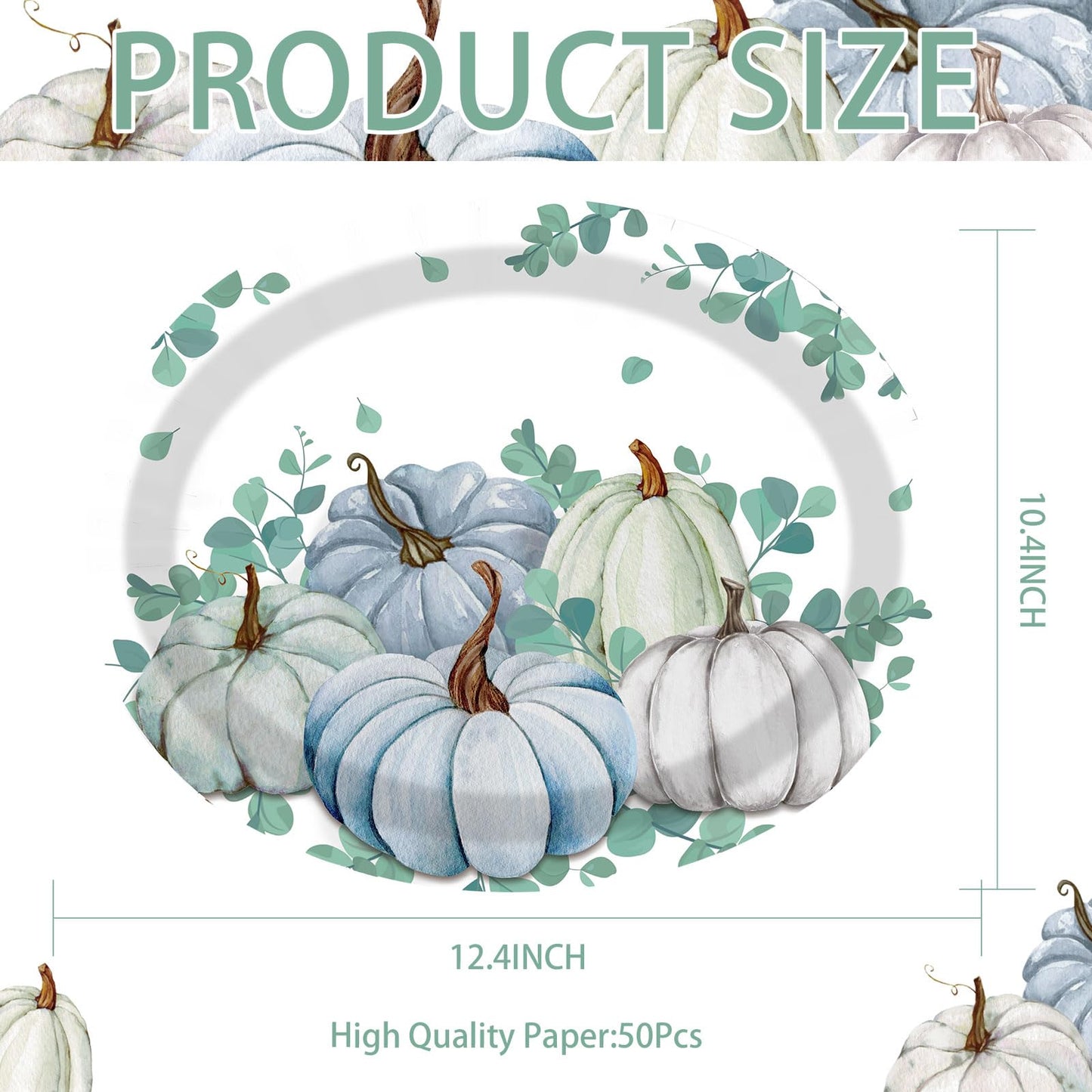 50Pcs Fall Oval Paper Plates Thanksgiving Plates Large 10" X 12" Disposable 400GSM Blue and White Pumpkin Plate for Little Pumpkin Baby Shower Fall Harvest Party Thanksgiving Party Decorations