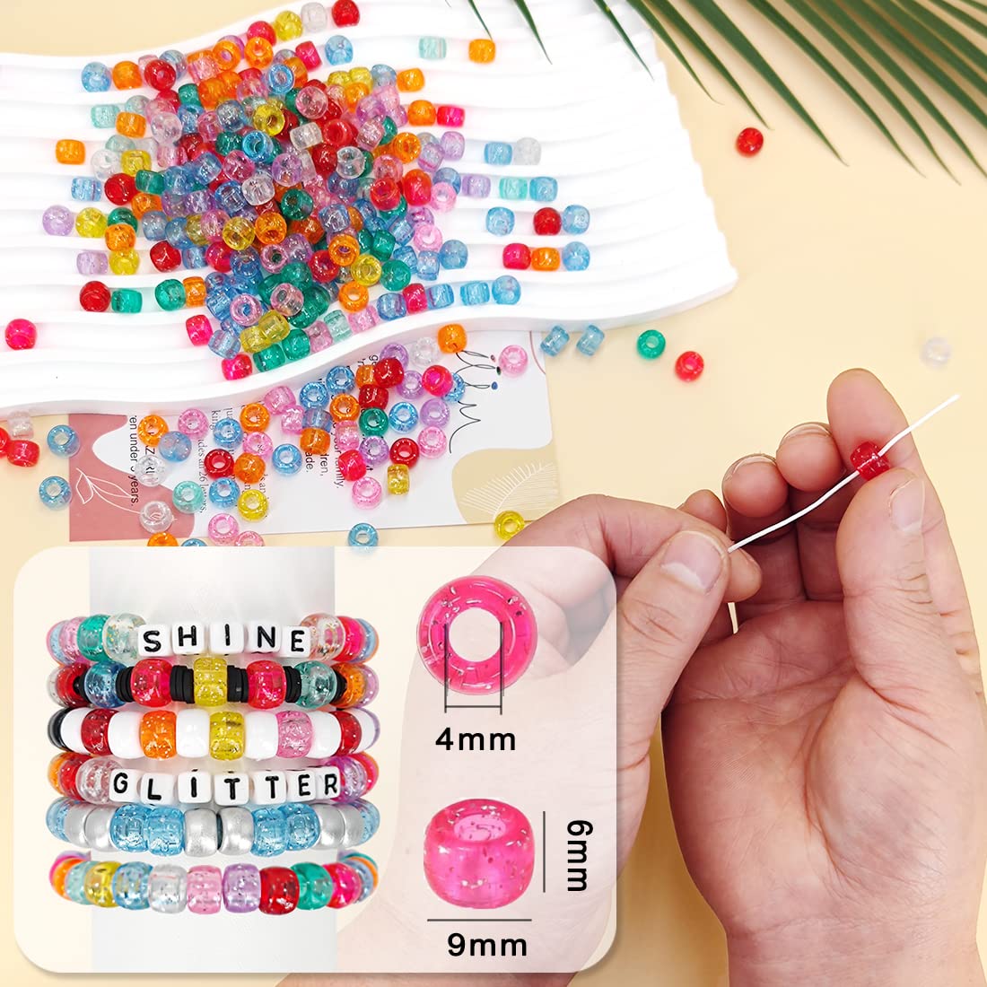 MIIIM 1000PCS 6x9mm Pony Beads Bulk, Glitter Kandi Beads for Bracelets Making Kit, Hair Braids Crafts for Jewelry Making (Glitter Mixed)