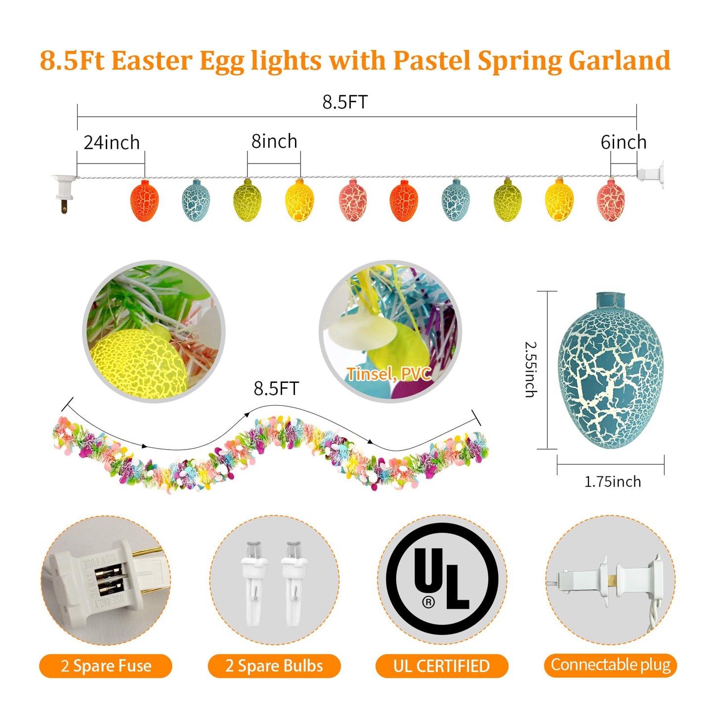 8.5Ft Easter Garland Lights with 10L LED Easter Egg String Lights Plug in and Pastel Tinsel Spring Garland Decorations for Indoor Holiday Home Bedroom Classroom Easter Decor