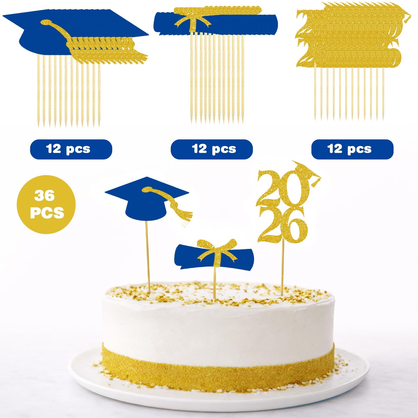 OHOME Graduation Decorations 2026-36 PCS Graduation Cupcake Toppers - 2026 Graduation Party Decorations - Mini Cake Decorations for Class of 2026,Diploma, 2026, Grad Cap Set (Blue)