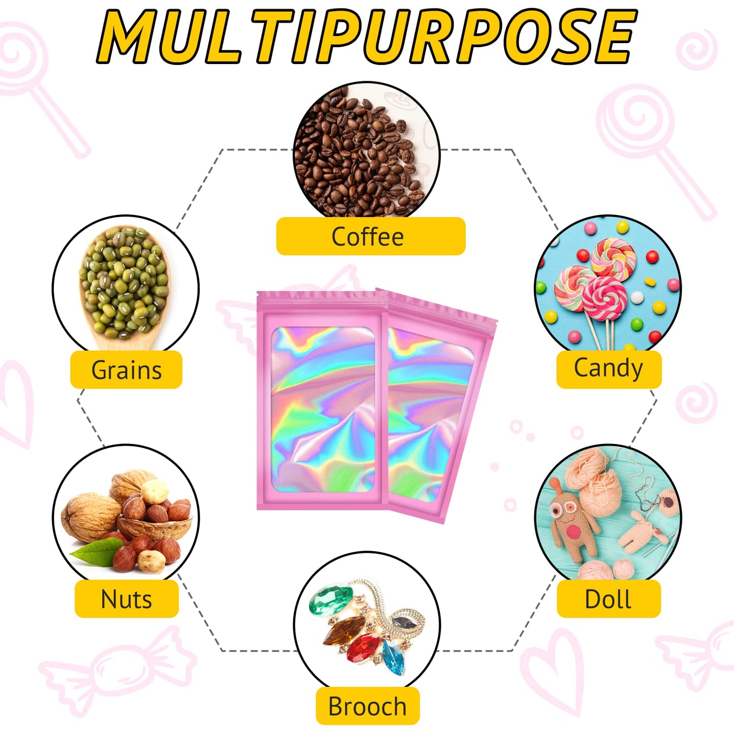 TIFICAL 100 PCS Smell Proof Bag, Packaging Bags, Holographic Mylar Bags, Foil Resealable Bags for Small Business Candy Jewelry Bracelet Party Favor Food Storage Sample Supplies (2.4×3.9 Inch, Pink)