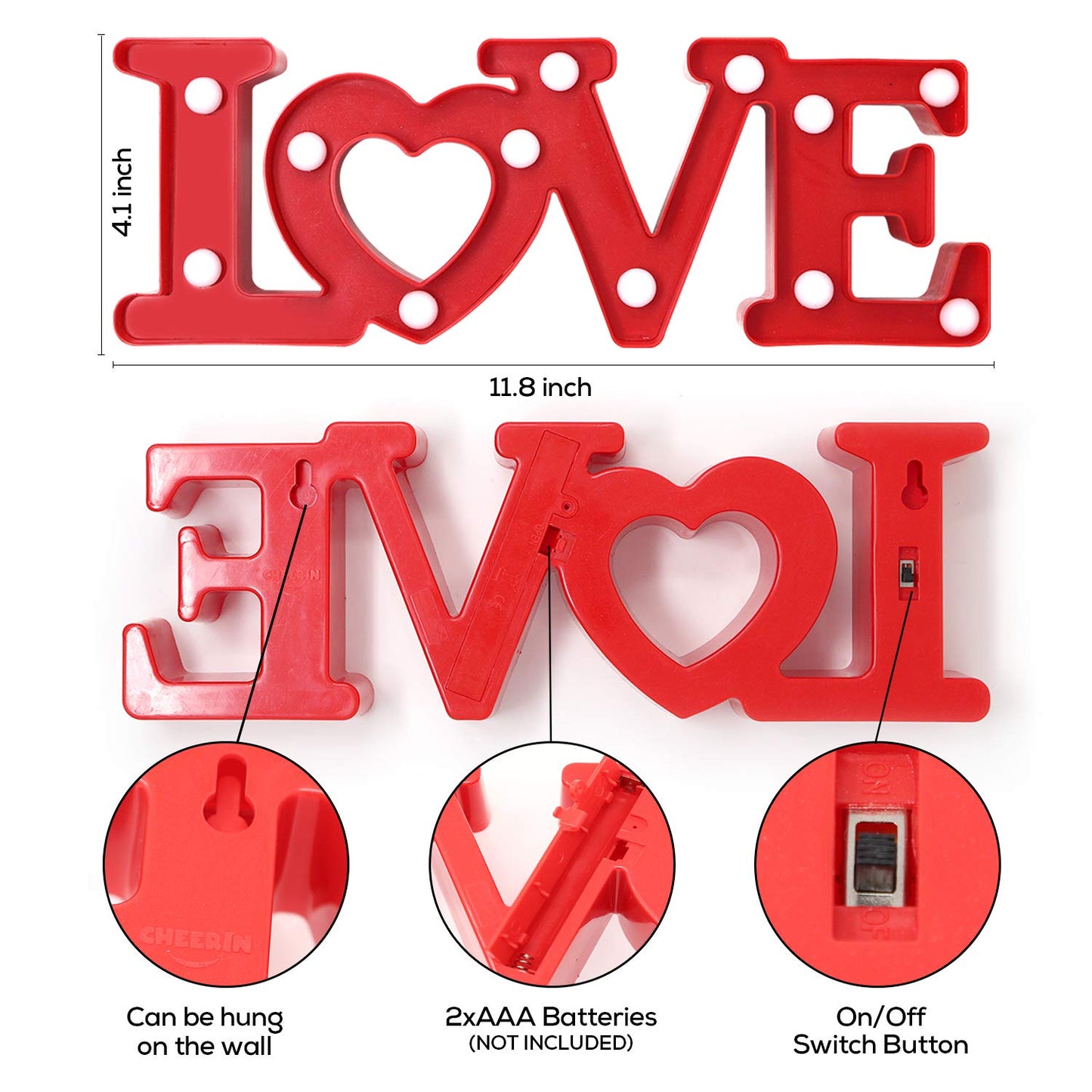 Love Sign with Lights - Valentines Day Decoration - Love Marquee Letters - Romantic Lighted Table Top Decor for Wedding & Home - Red - CHEERIN