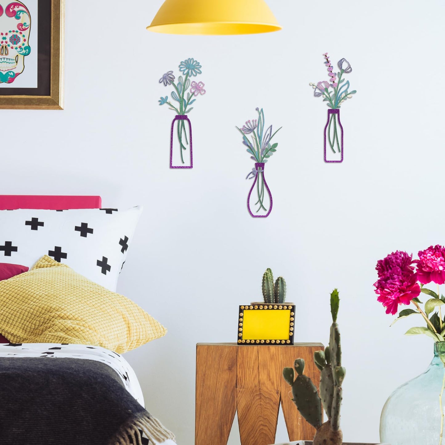 3 Pieces Metal Flowers Wall Arts - Rustic Farmhouse Decor Purple Minimalist Flower Wall Decors for Living room Bathroom Bedroom Dining Room-Housewarming Gifts(Purple, Vase-C)