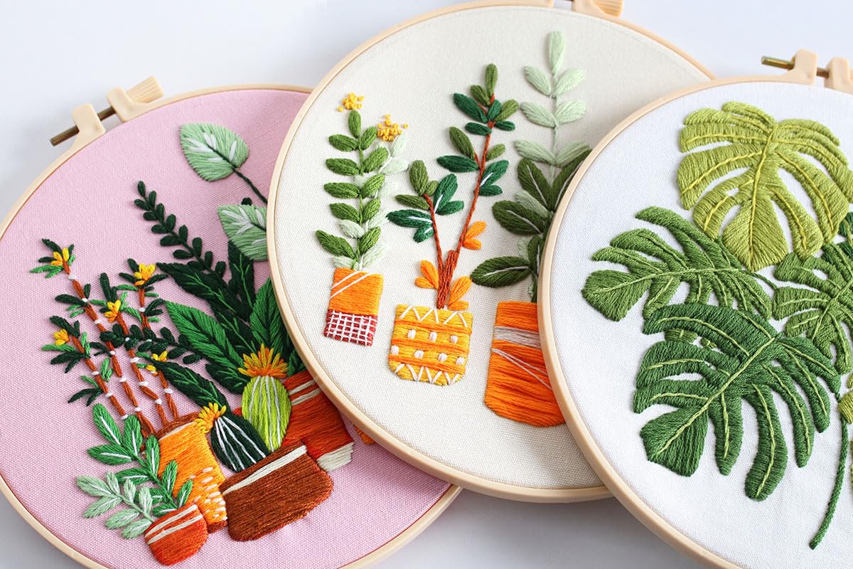 Embroidery Kits for Adults Beginner, European Style Garden Plant Green Leaf Stamped Embroidery Starter Kit,DIY Sewing Practice, Needlepoint Cross Stitch Kit,Set of 3