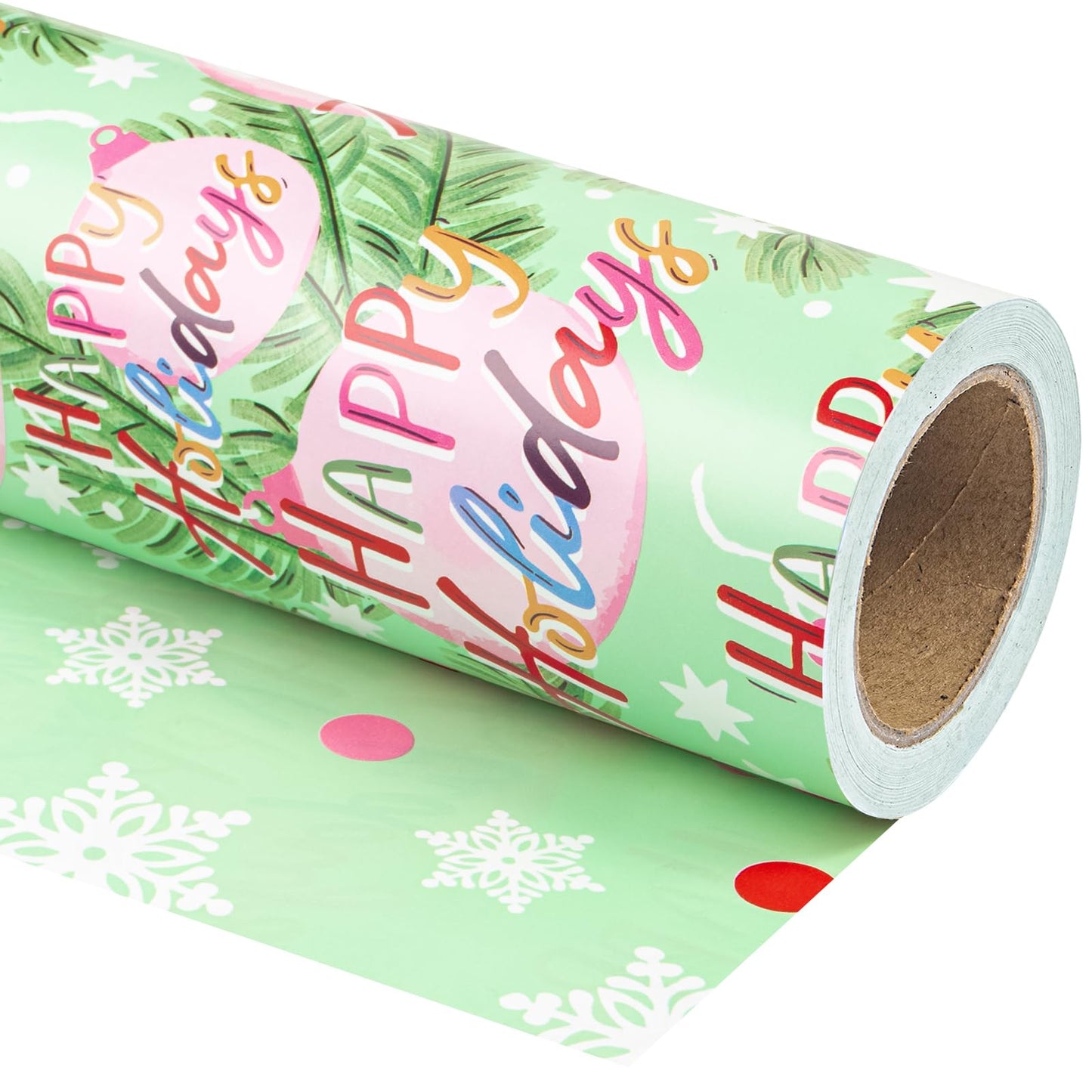 Reversible Christmas Wrapping Paper - Mini Roll - 17 Inch x 33 Feet - Happy Holiday Lettering with Christmas Ball Design for Holiday, Party Celebration