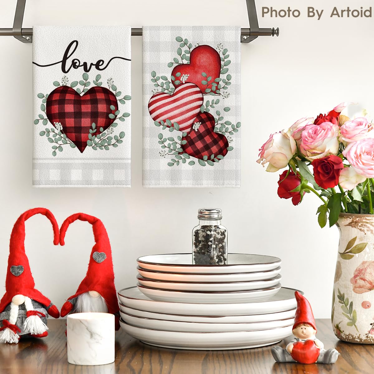 Artoid Mode Red Buffalo Plaid Heart Love Valentine's Day Kitchen Towels Dish Towels, 18x26 Inch Anniversary Wedding Decoration Hand Towels Set of 2