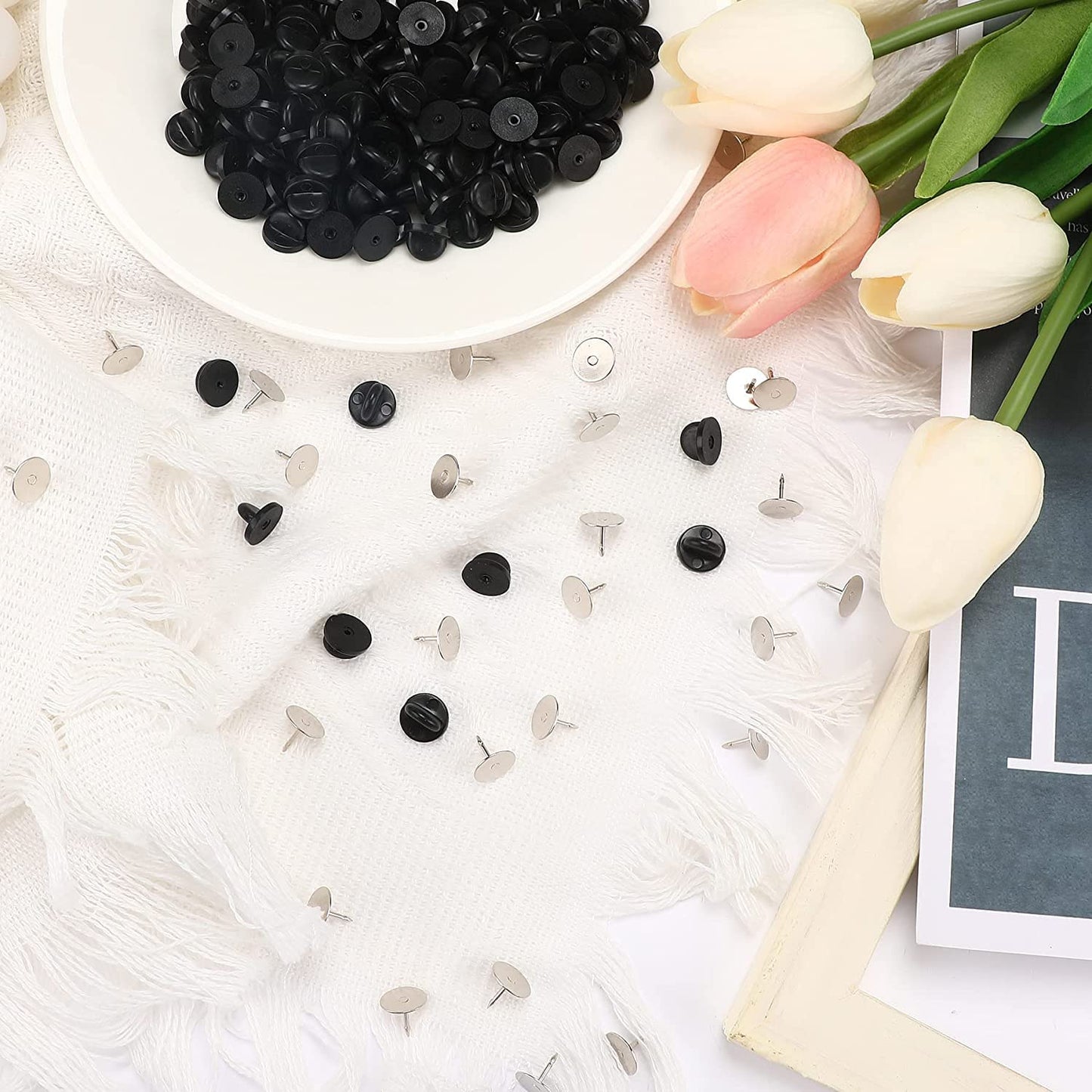 JANYUN 80 Pairs Rubber Blank Pin Backs Butterfly Clutch Backings Holder Tie Tacks Keepers Replacement with 9mm Length 10mm Width Lapel Enamel Pins for Craft Making