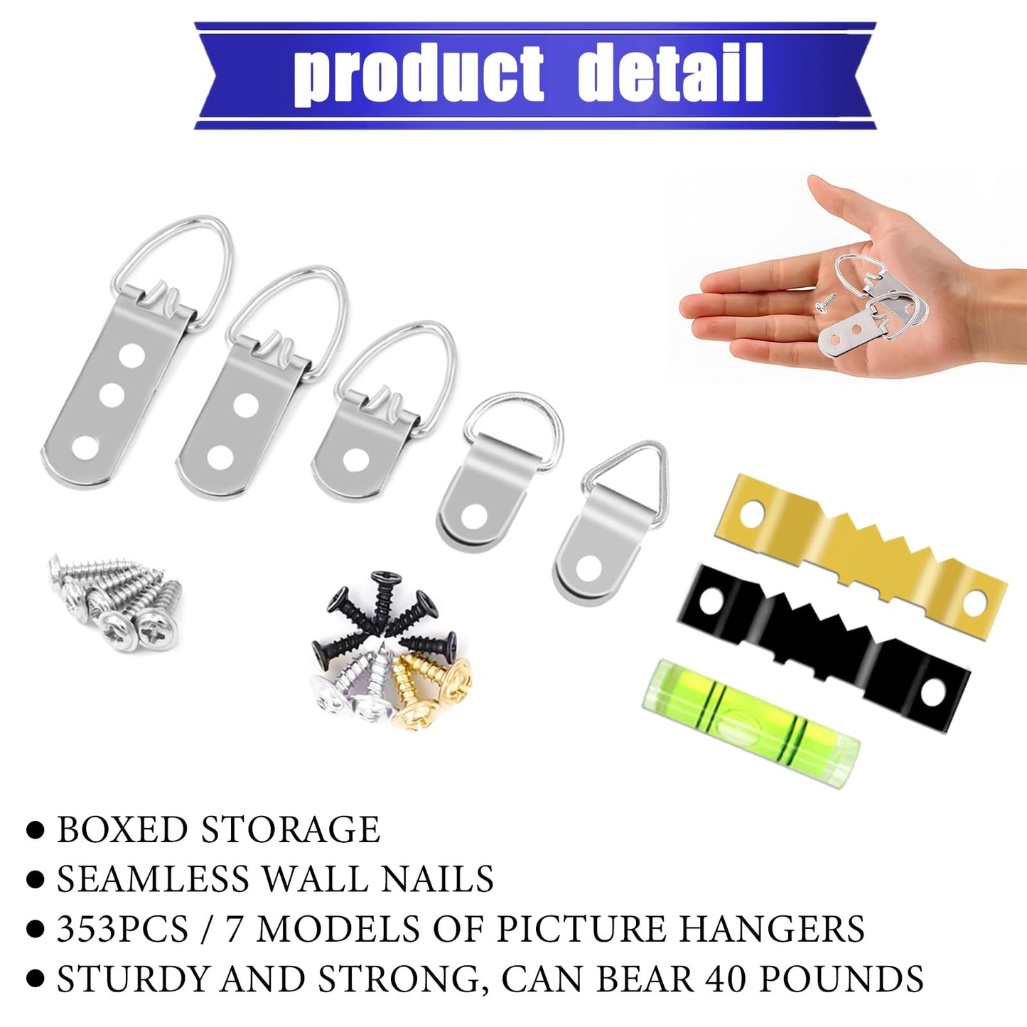 353PCS Picture Hanging Kit,Picture Hangers Heavy Duty Picture Hanging Hooks with Screws,Picture Frame Hooks Heavy Duty Picture Framing Supplies Kit for Picture Hanging(7 Types)