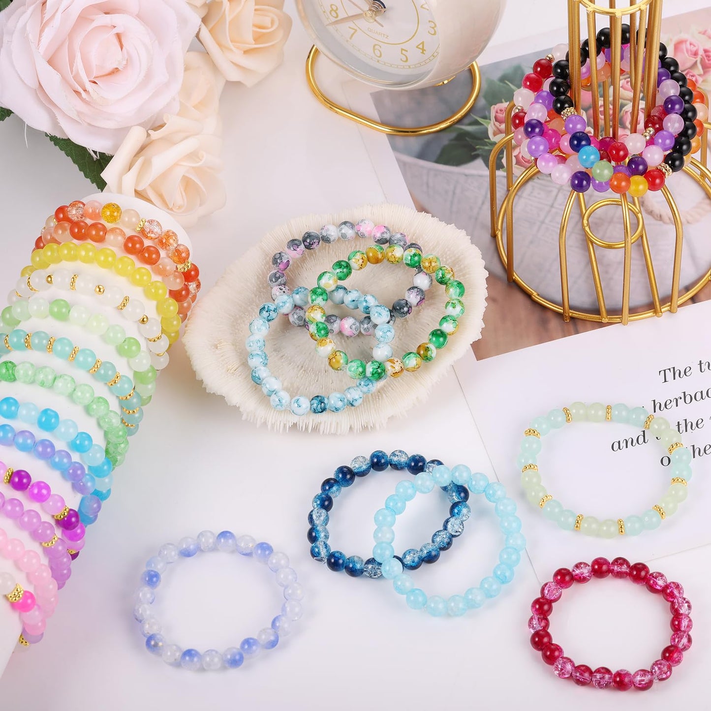 8mm Glass Beads Bracelet Making Kit, 1540pcs 70 Colors Crystal Beads for Jewelry Making, Funtopia Round Glass Beads for Bracelets and DIY Crafts, Solid and Crackle Colors