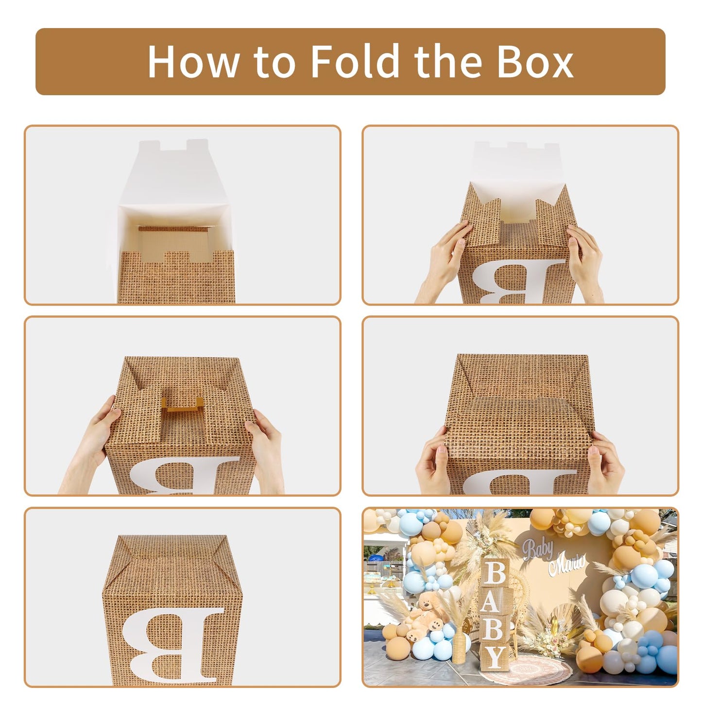 RUBFAC Baby Boxes with Letters for Baby Shower, 4pcs Rustic Farmhouse Style Boho Balloon Boxes with Burlap Grain for Birthday Gender Reveal Decoration Backdrop Photo Props