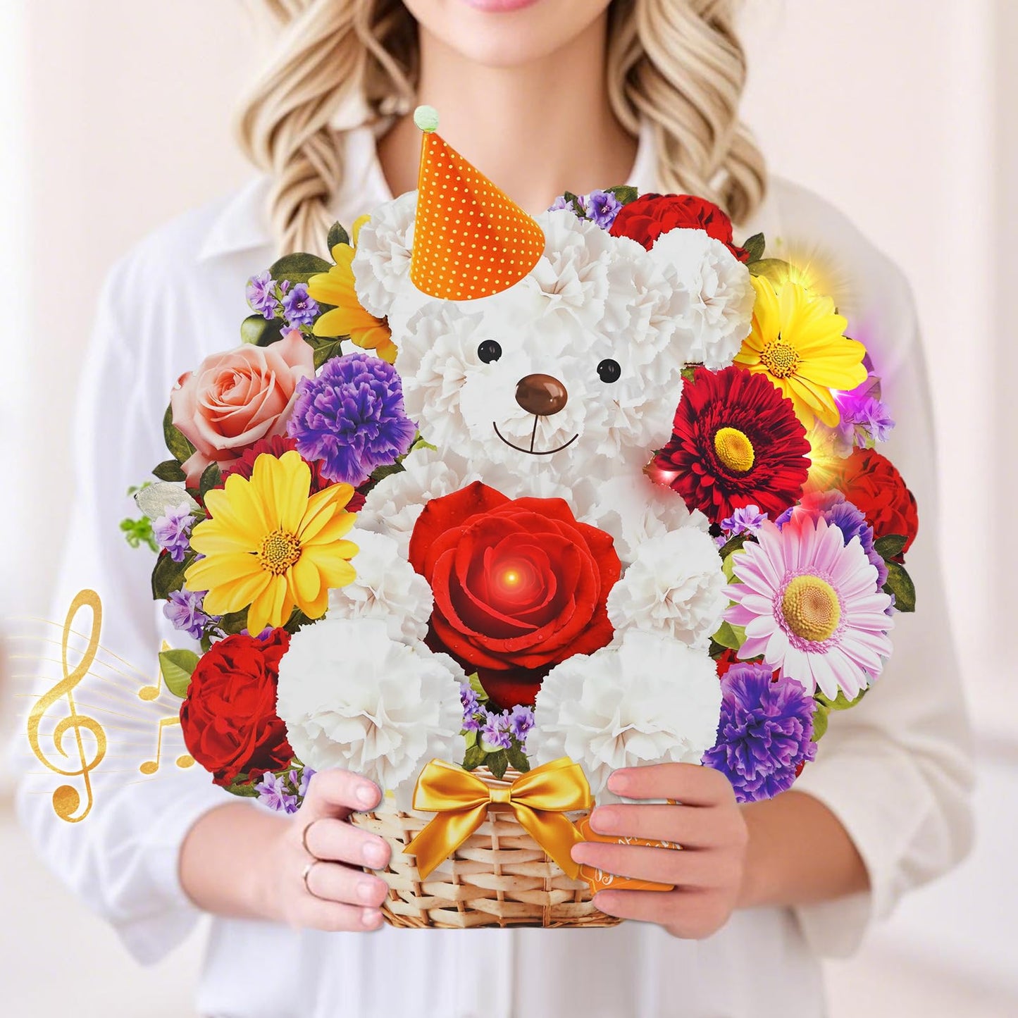 MZD8391 Birthday Cards with MUSIC & LIGHTS, Happy Birthday Card, Bear & Daisy, 10 Inch Life Sized Forever Flower Bouquet 3D Pop Up Greeting Card for Wife Mom Daughter Grandma Women