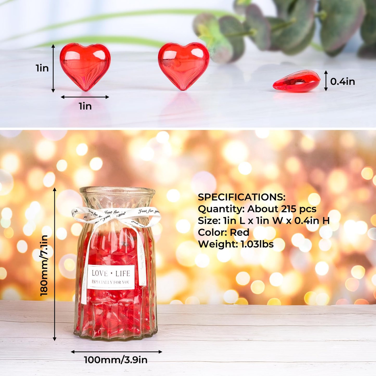 215pcs Red Heart Acrylic, 1Inch Crystal Rhinestones, Diamond Fake Gems Vase Filler for Table Scatters Wedding Party Event Valentine's Day Decoration Favor