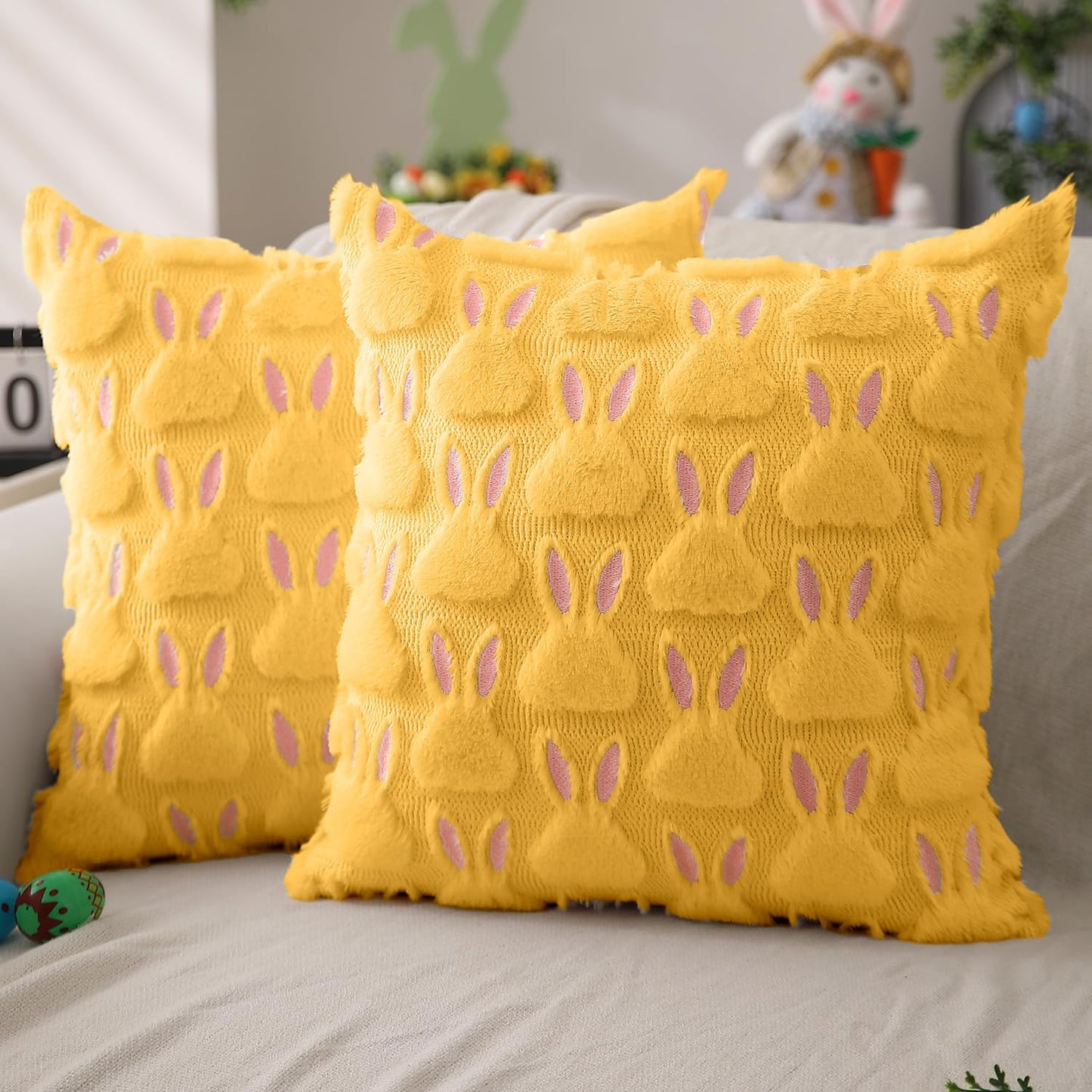Easter Pillow Covers 18x18 inch Set of 2 Easter Decorations Pink Ears Yellow Rabbit Soft Plush Faux Fur Jacquard Throw Pillows for Bedroom Sofa Holiday Festivals Home Decor FHJ-17D18