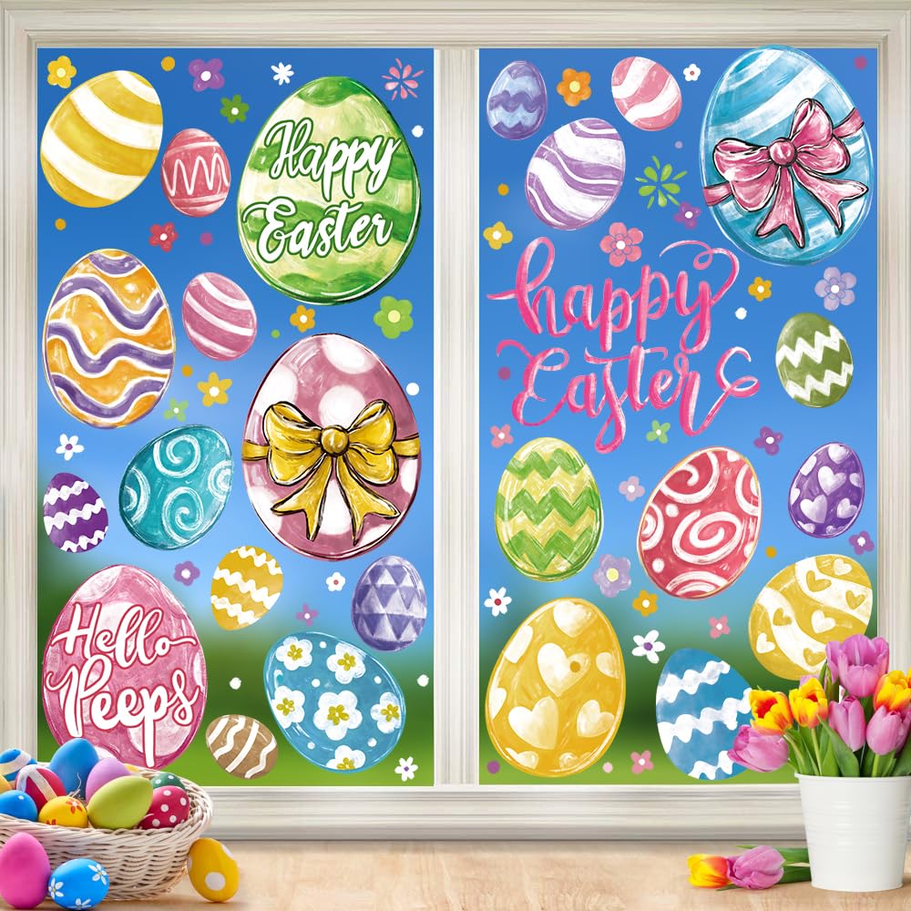 DIYDEC 6 Sheets Easter Window Clings Large Easter Eggs Window Decals Oil Painting Eggs Flowers Stickers for Home Office School Decor Spring Glass Window Decoration