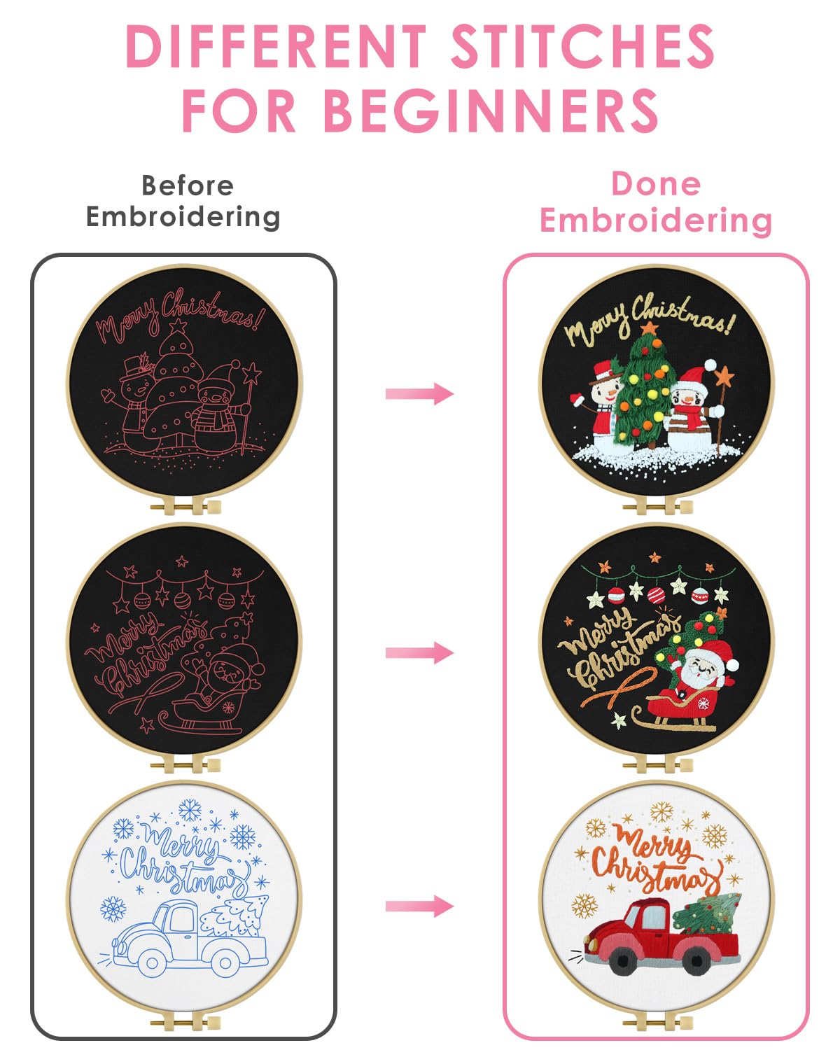 Christmas Embroidery Kit for Adult Beginners, 3 Sets Embroidery Stitch Practice kit Include Embroidery Cloth Hoops Threads for Craft Lover Hand Stitch