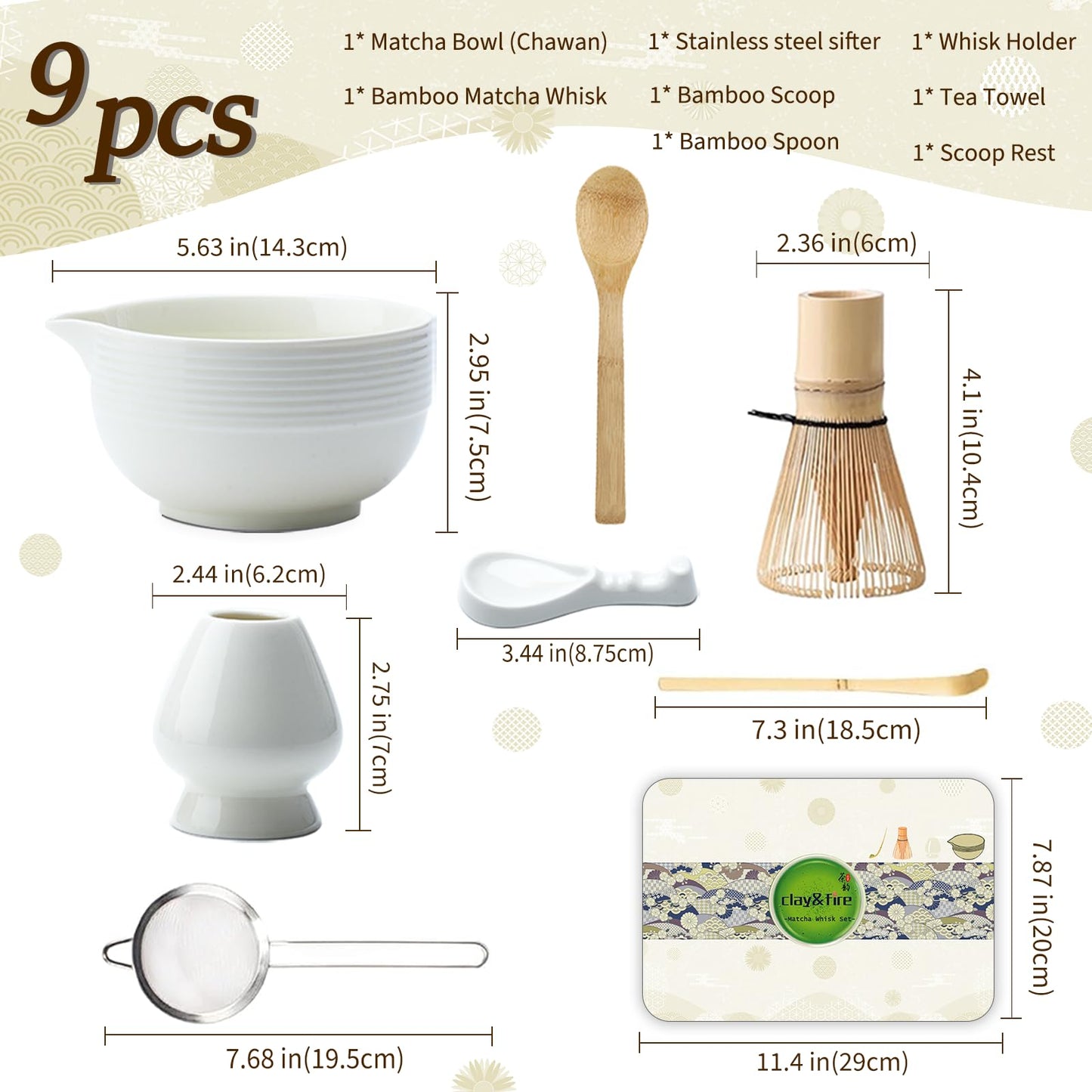 Matcha Whisk Set, Ceramic Matcha Set, Matcha Bowl with Spout and Whisk,9 pcs Matcha Tea Kit for Matcha Lovers, Ideal Gift Christmas, Birthday（Beige）