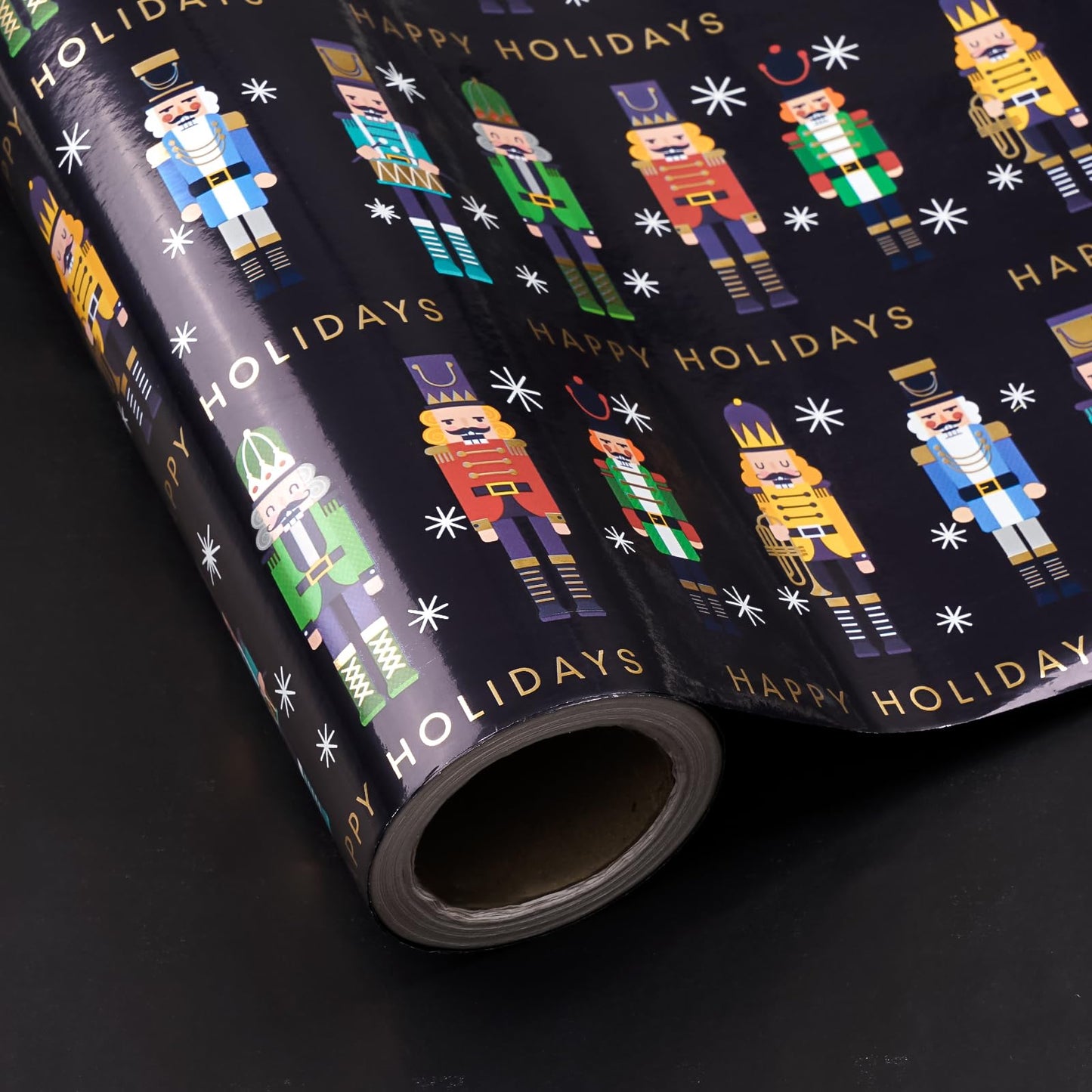 Reversible Nutcracker Christmas Wrapping Paper - Mini Roll - 17 Inch x 33 Feet - Foil Black Nutcracker Wrapping Paper for Christmas Holiday, Party Celebration