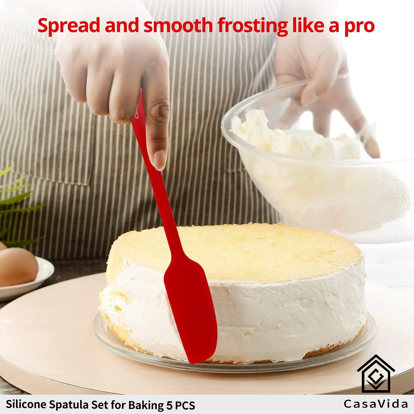 CasaVida Silicone Spatula Set 5pcs Red High Heat Resistant Non Stick Bakery Flexible BPA Free Dishwasher Safe Kitchen Utensils Bakeware Cookware Baking Mixing One-piece Seamless Spatula Set