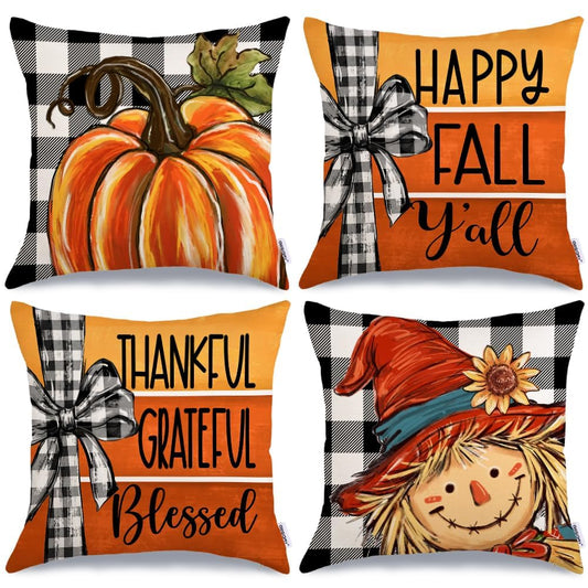 Fall Throw Pillow Covers 18x18 Inch Set of 4, Buffalo Plaid Pumpkin Scarecrow Orange Cushion Case for Sofa & Bed Autumn Thanksgiving Decor Farmhouse Home Decoration