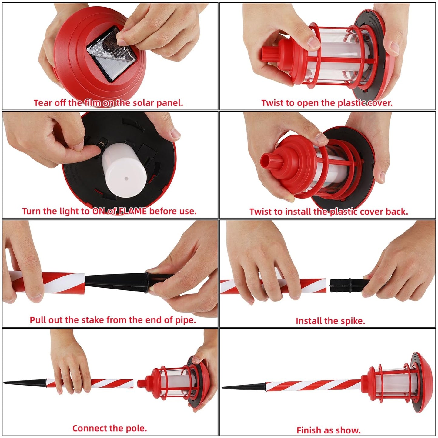 Dynaming 6 Pack Christmas Solar Flame Garden Lights Outdoor, Dual Use Flickering Flame Torch Candy Cane Pathway Marker, Xmas Hanging Lantern Lights, Waterproof & Auto On/Off for Patio Walkway Driveway