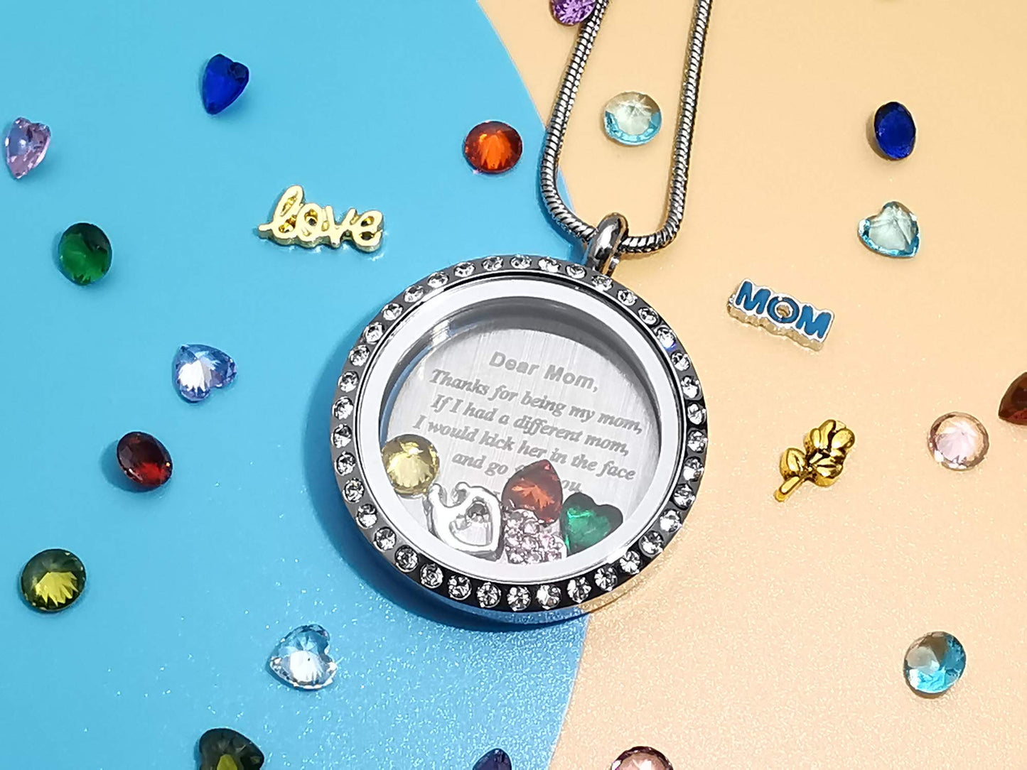Veeshy Thanks For Being My Mom Birthstone Necklace Floating Locket - Best Mother's Day Gifts for Mom, Women - Unique Gag Present Idea for Her from Daughter or Son -Top Birthday Gift
