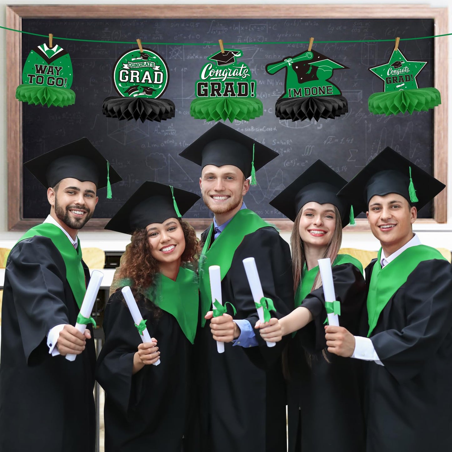 Gatherfun 9PCS Graduation Party Decorations Class of 2026 Congrats Grad Table Centerpiece Congratulate Graduation Honeycomb Table Toppers for Graduation Party Supplies(Green,Black