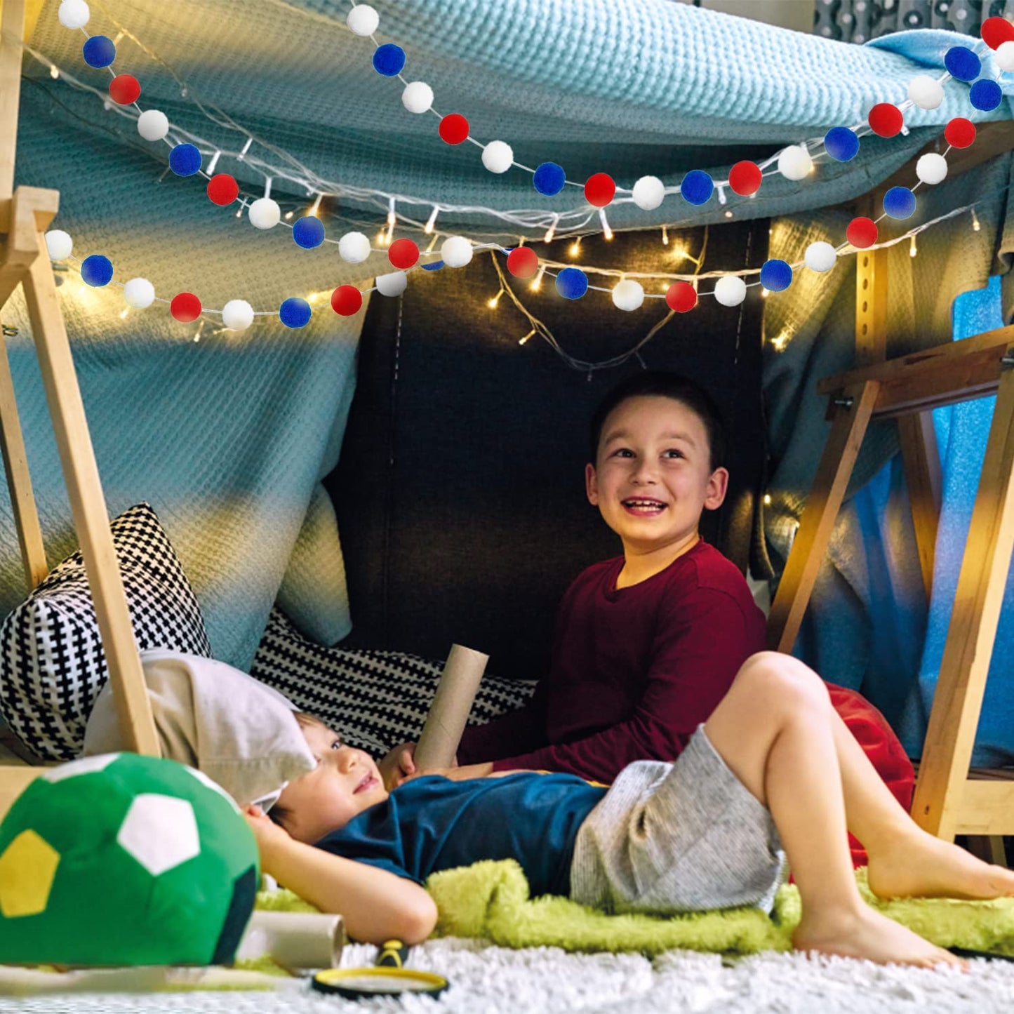 Pom Pom Garland 4th of July Decorations, Patriotic Red White Blue Felt Ball Garland, 3-Pack 6.6ft Long 24 Cute Pompom Balls String, Christmas Tree Decor Ornaments for Home Birthday Holiday Party