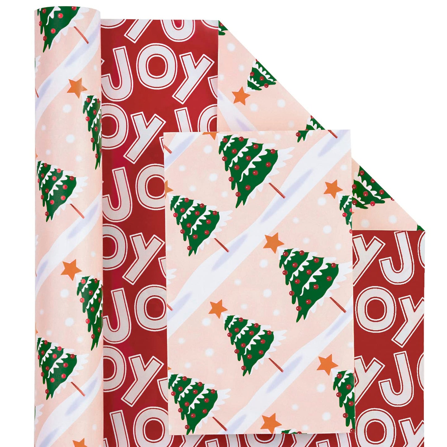 Reversible Christmas Wrapping Paper - Mini Roll - 17 Inch x 33 Feet - Christmas Tree Wrapping Paper with Joy Lettering Perfect for Holiday, Party, Celebration