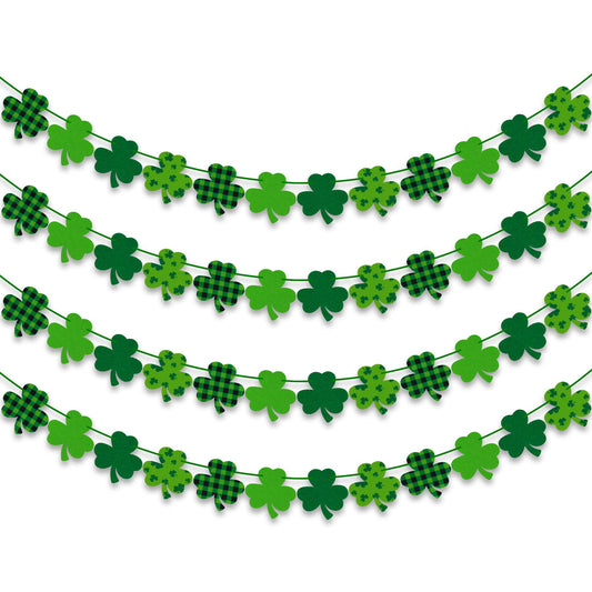 4PCS Felt Shamrock Clover Garland Banner - NO DIY, St. Patrick's Day Decorations - Buffalo Plaid Dark Green Light Green Happy St. Patrick's Day Banner for Home Mantel Office Irish Day Party Supplies