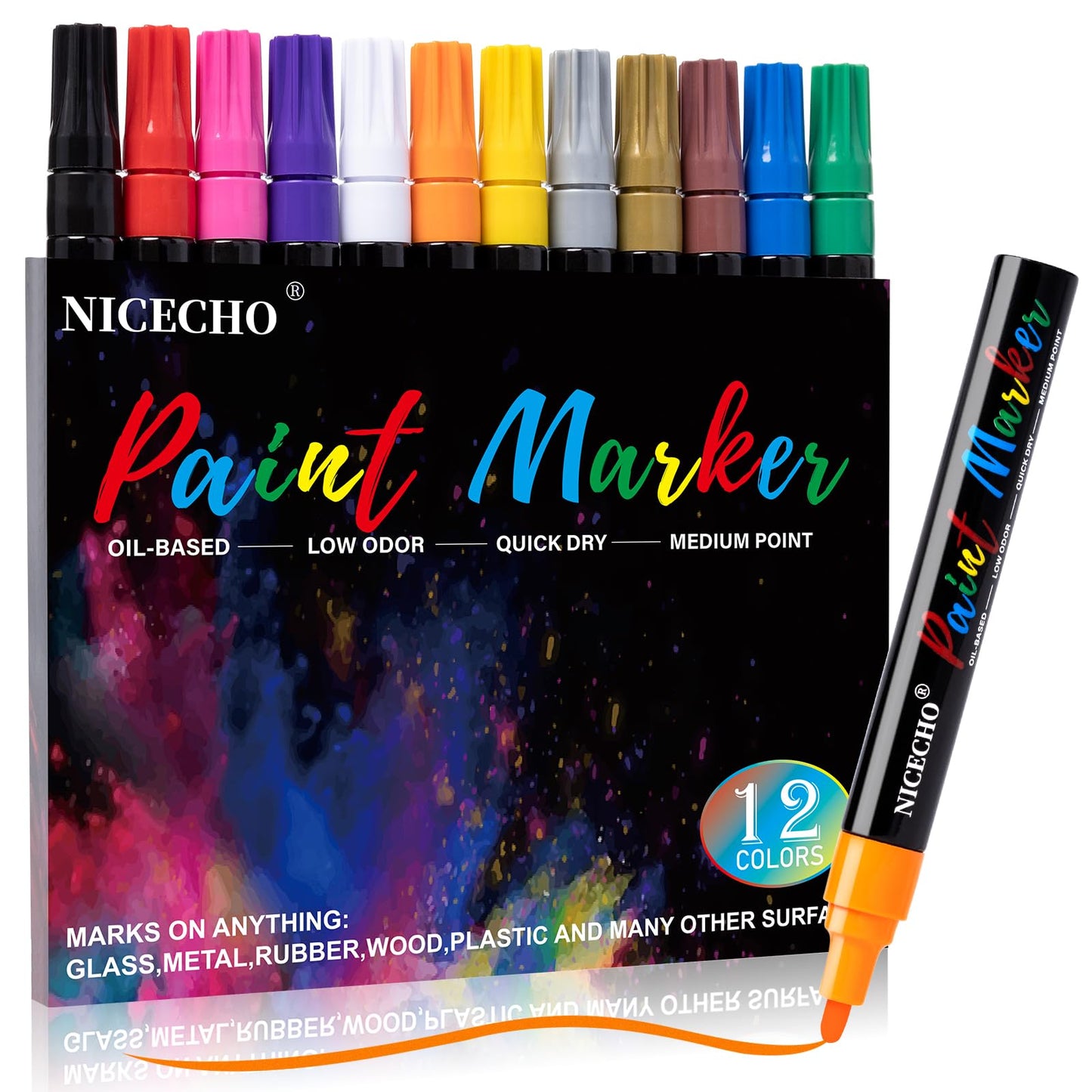 Nicecho Oil-Based Paint Pens, 12 Colors Permanent Paint Markers Medium Tip Never Fade Quick Drying and Waterproof Marker Set for Metal, Wood, Fabric, Tire, Stone, Canvas, Mugs, Glass, DIY Craft