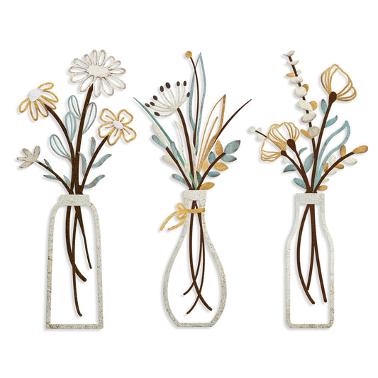 3 Pieces Metal Flowers Wall Arts - Rustic Farmhouse Decor Beige Minimalist Flower Wall Decors for Living room Bathroom Bedroom Dining Room-Housewarming Gifts (Beige, Vase-C)