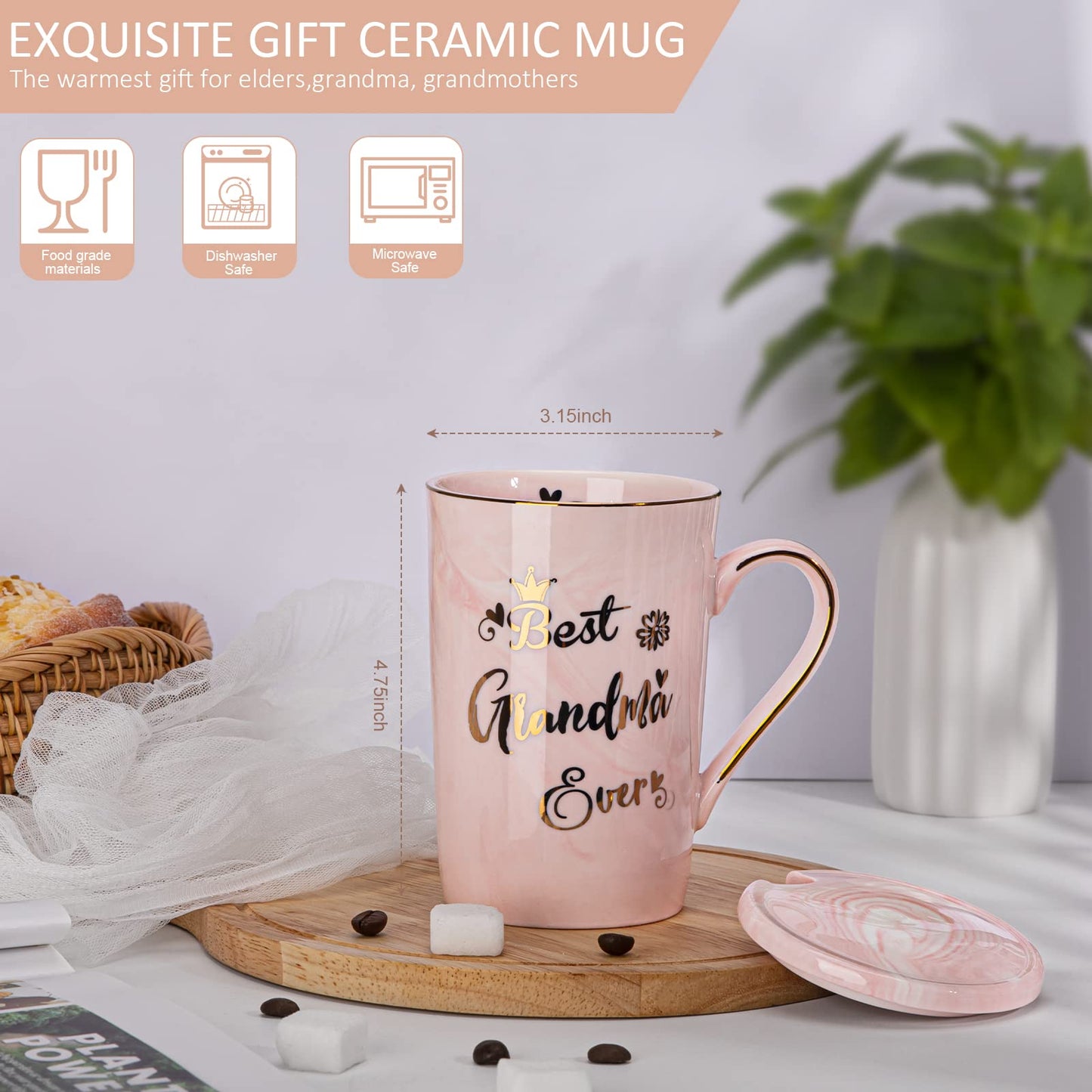 Doublewhale Grandma Gifts for Grandma, Mothers Day Birthday Gift for Grandmother from Granddaughter Grandson - 14Oz Pink Marble Ceramic Coffee Mugs Print with Real Gold - Lid Spoon Card, Box
