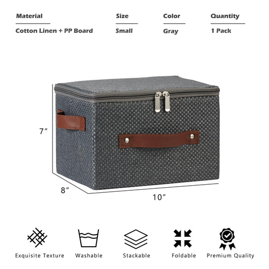 Storage Bins with Lid Fabric Storage Box Basket PU Leather Handle Textured Woven Cotton Linen Decorative Foldable Washable Shelf Closet Organizer Container (Zipper Lid, Gray, Small)