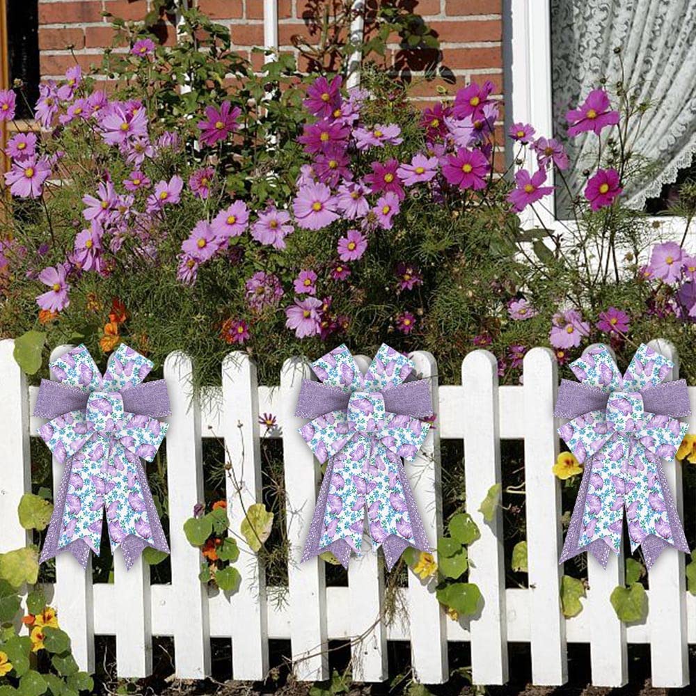 2 Rolls 10 Yards Floral Wired Edge Ribbon, 2.5inch Purple Lavender Burlap Ribbon, Purple Flower Butterfly Gift Wrapping Ribbon for Farmhouse Party DIY Craft Spring Wreaths Bow Decoration