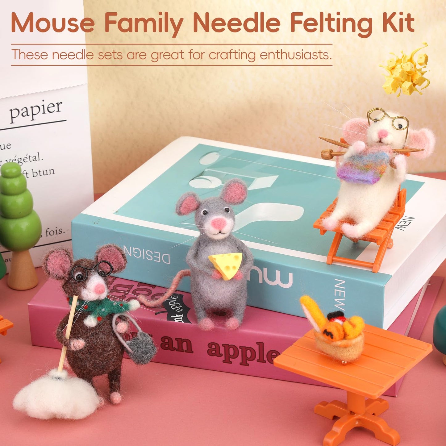Mouse Family Needle Felting Kit,Needle Felting Starter Kit, Mice Felting Kit for Beginner Adults with Felting Supplies and Instructions for DIY Felting
