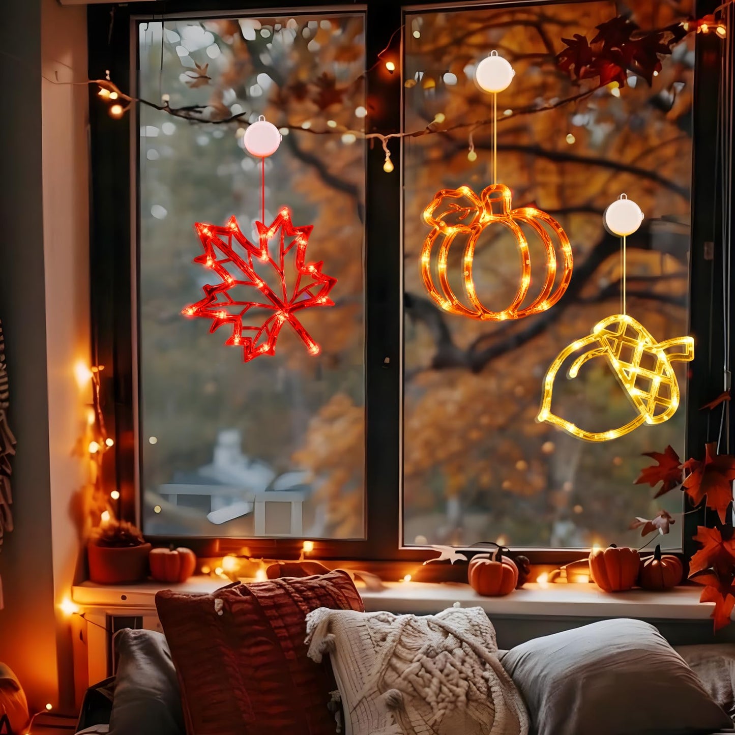 Fall Decor Window Lights 2025 Thanksgiving Decorations Acorn Maple Leaves Pumpkin LED Lights with Suction Cups Battery Operated(Exclusive) Slow Fade Mode Timer Autumn Decorations for Home