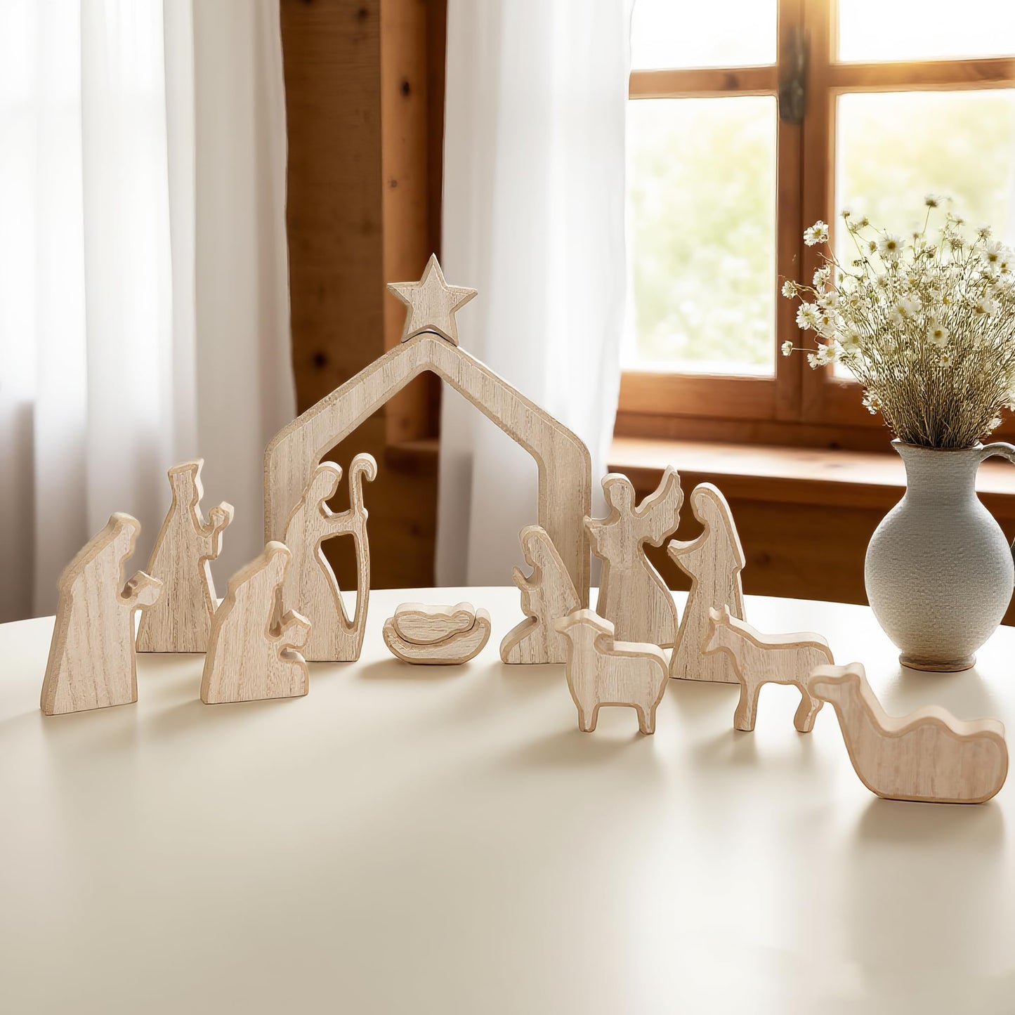 Nativity Scene Set, 13Pcs Wooden Christmas Nativity Scene Miniature Holy Family Figurines, Minimalism Boho Tabletop Christmas Manger Decorations for Indoor Home Mantel Display