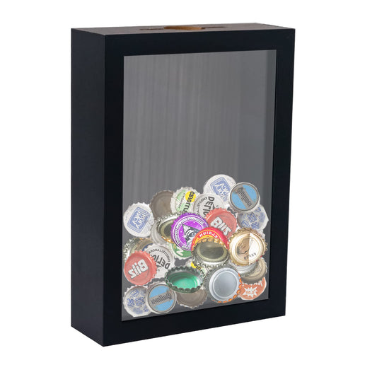 5x7 Top Loading Shadow Box Frame with HD Glass,Wood Display Case with Slot,1.25 inches Interior Depth,Ideal for Wine Bottle Caps,Tickets,Shells,Stamps and More,Black