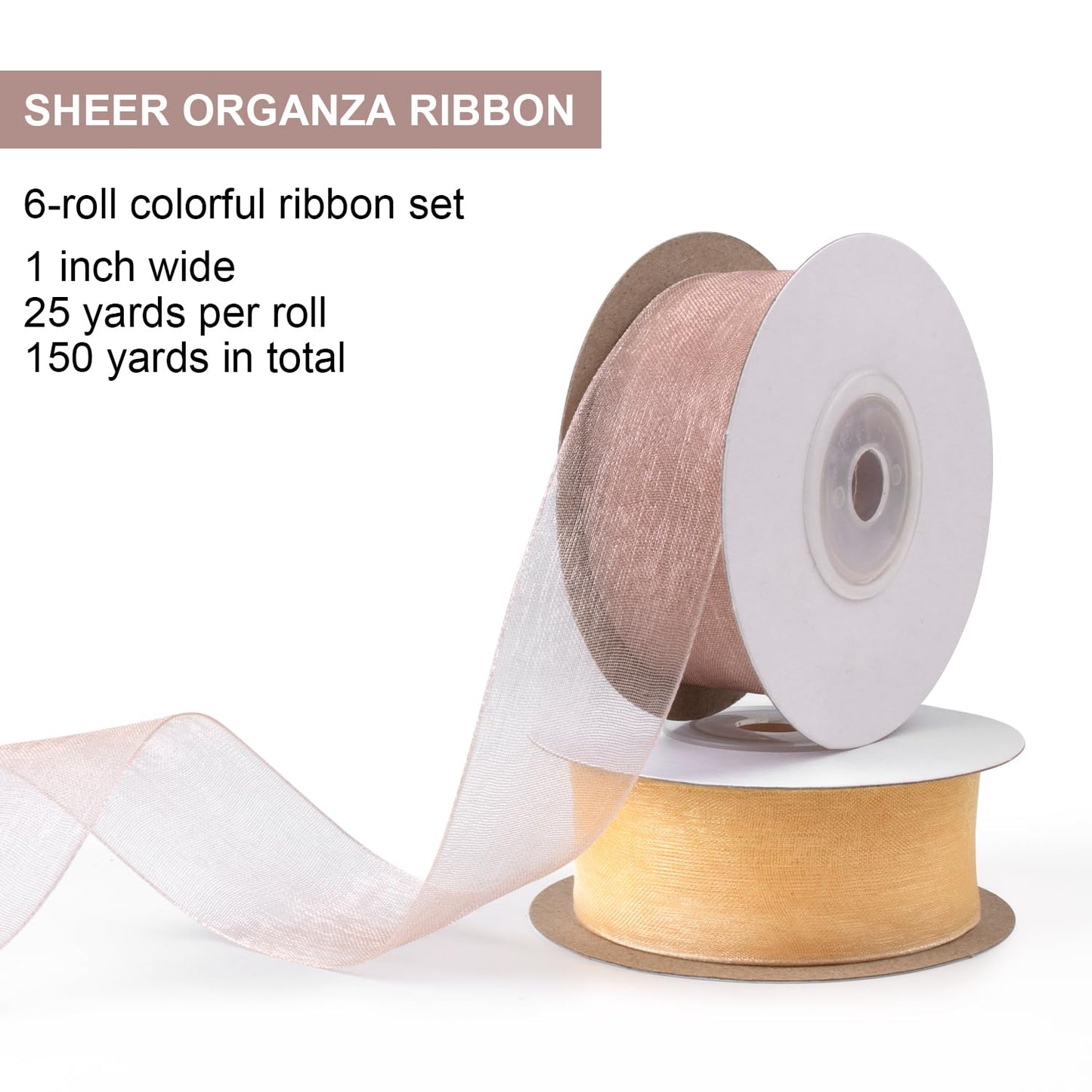 Sheer Ribbon Organza Ribbon 1 Inch x 150Yd 6 Rolls Brown Sheer Chiffon Ribbon Sheer Organza Ribbon Clear Fabric Ribbon for Gift Wrapping Wedding Bouquet Christmas Tree Decor Bows DIY Crafts