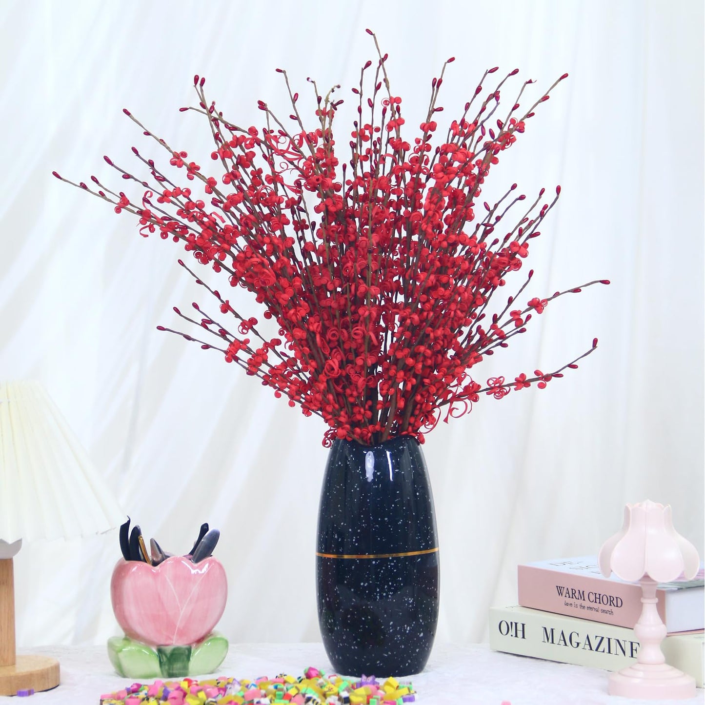 Wolpark 29.5" Long Stem Jasmine Flowers with Mini Berry 5Pcs Red Flowers Artificial Floral Picks for Home Office Wedding Party Decoration