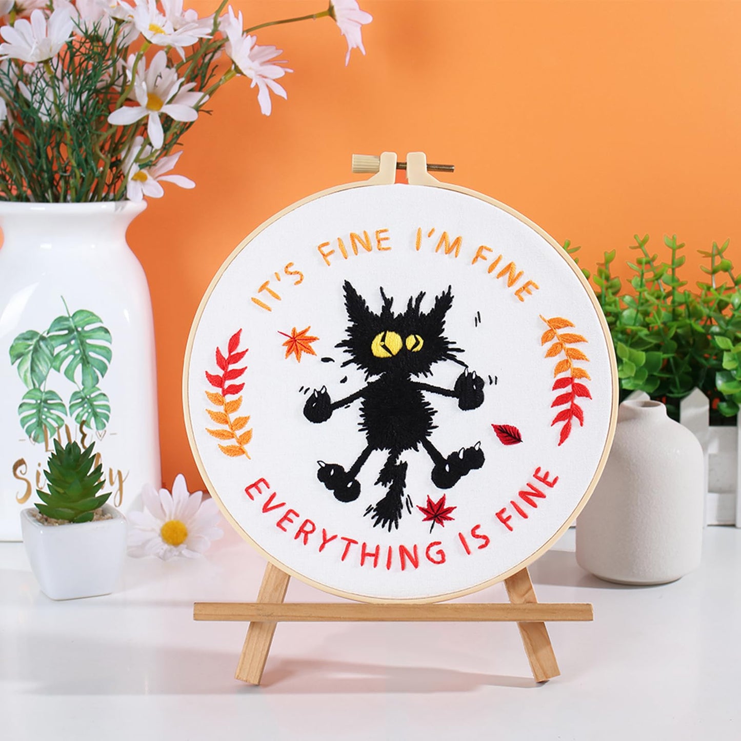 Louise Maelys Cute Cat Embroidery Kits for Beginners with Funny Animal Pattern,Adults Starter Cross Stitch Kit DIY Needlepoint Everything is Fine