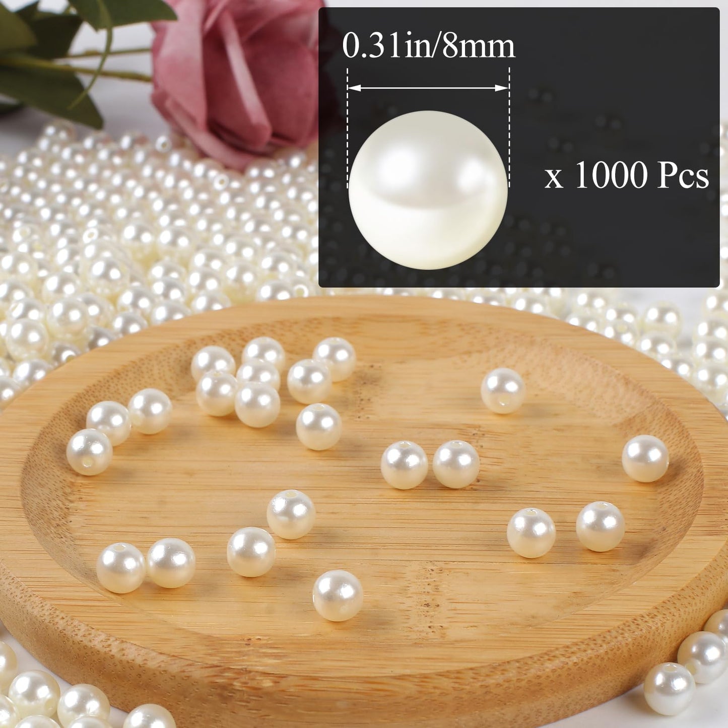 Phinus 1000 Pcs 8mm Pearl Beads with Hole, Round Shapes Pearls for Crafting, Loose Pearl Beads for Jewelry Making, Pearls for Jewelry Making, Decoration, DIY Crafts, Stuffing
