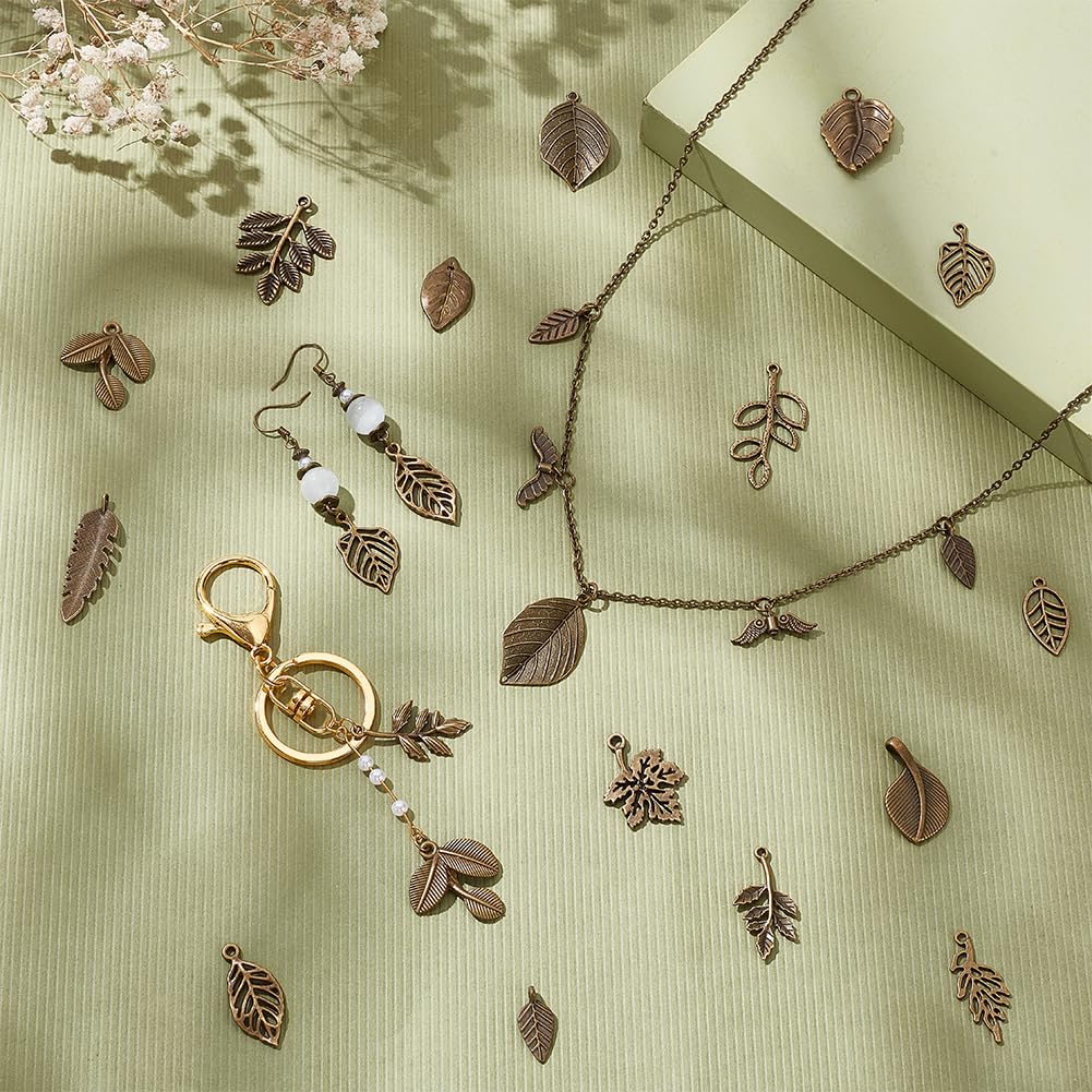 150pcs 15 Styles Tree Leaf Charms Pendants, Tibetan Branch Leaves Charms Metal Alloy Leaf Beads Antique Bronze Dangle Charm for Spring Earring Bracelet Necklace Kaychain Jewelry Making