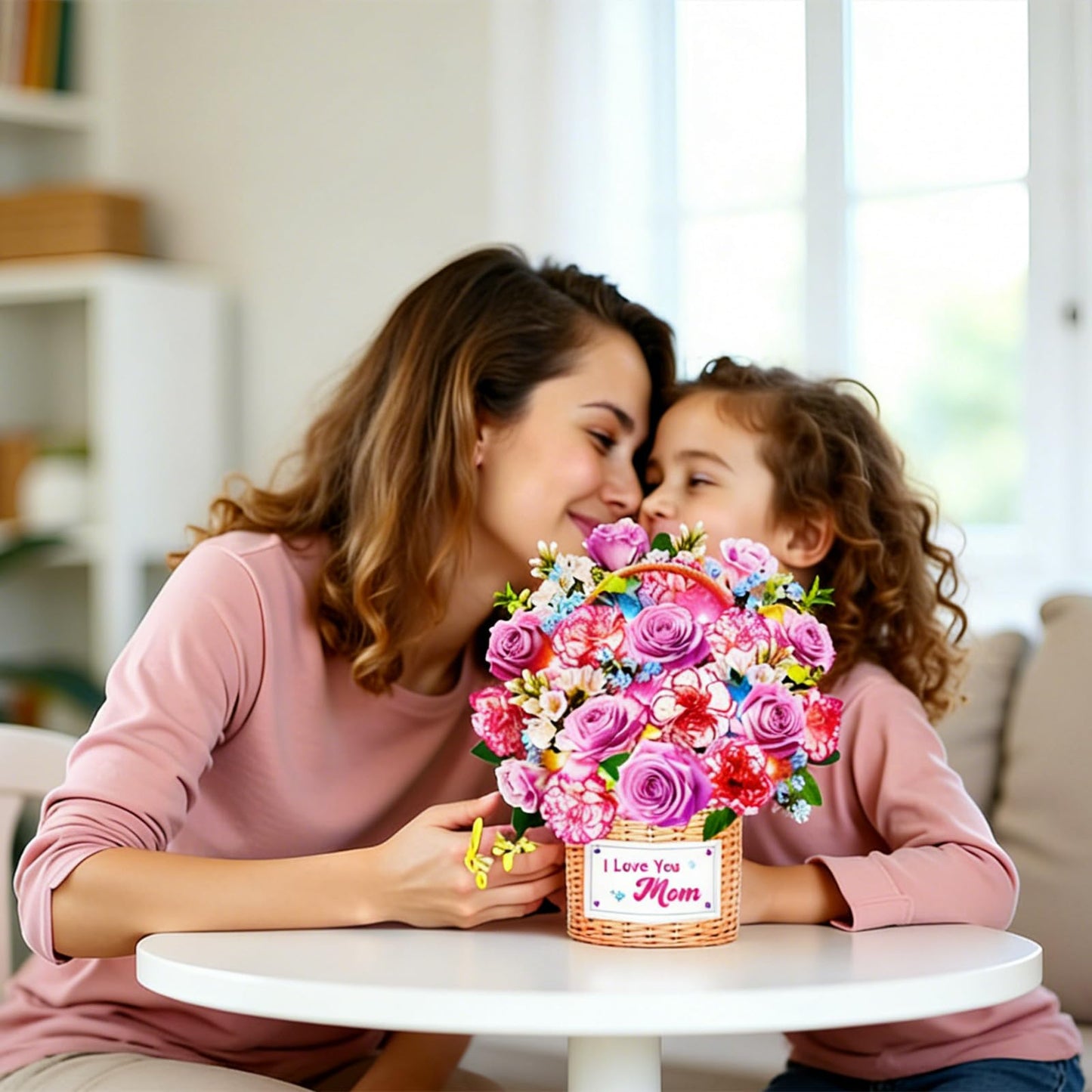MZD8391 Mothers Day Card With Music & Lights, 3D Pop Up Mothers Day Gifts, Carnation & Rose, 10 Inch Life Sized Forever Flower Bouquet Birthday Card for Mom Wife Women Her