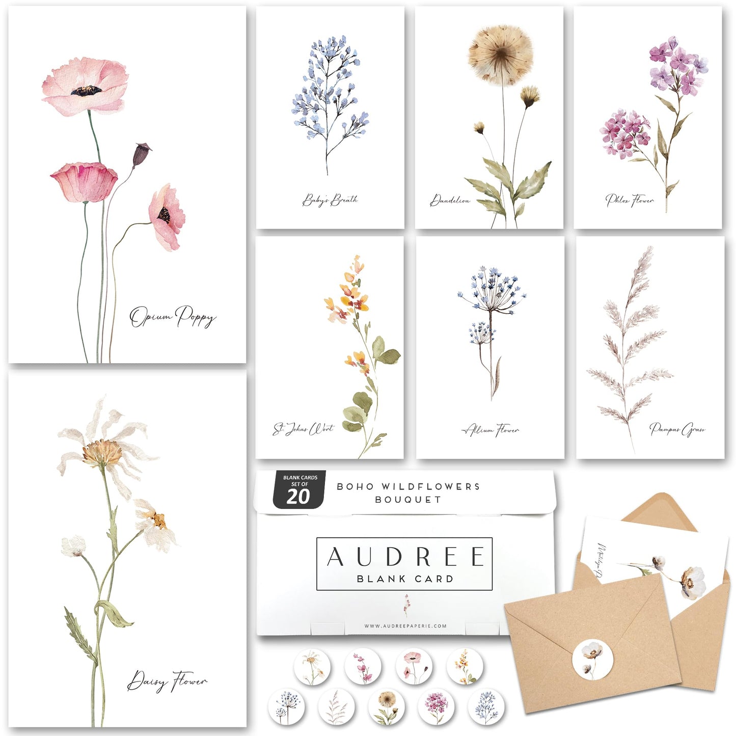 AUDREE 20 Pack Blank Cards and Envelopes 4x6 - Watercolor Single Blank Greeting Cards with Envelopes and Matching Sticker - Blank Note Cards and Envelopes for All Occasions